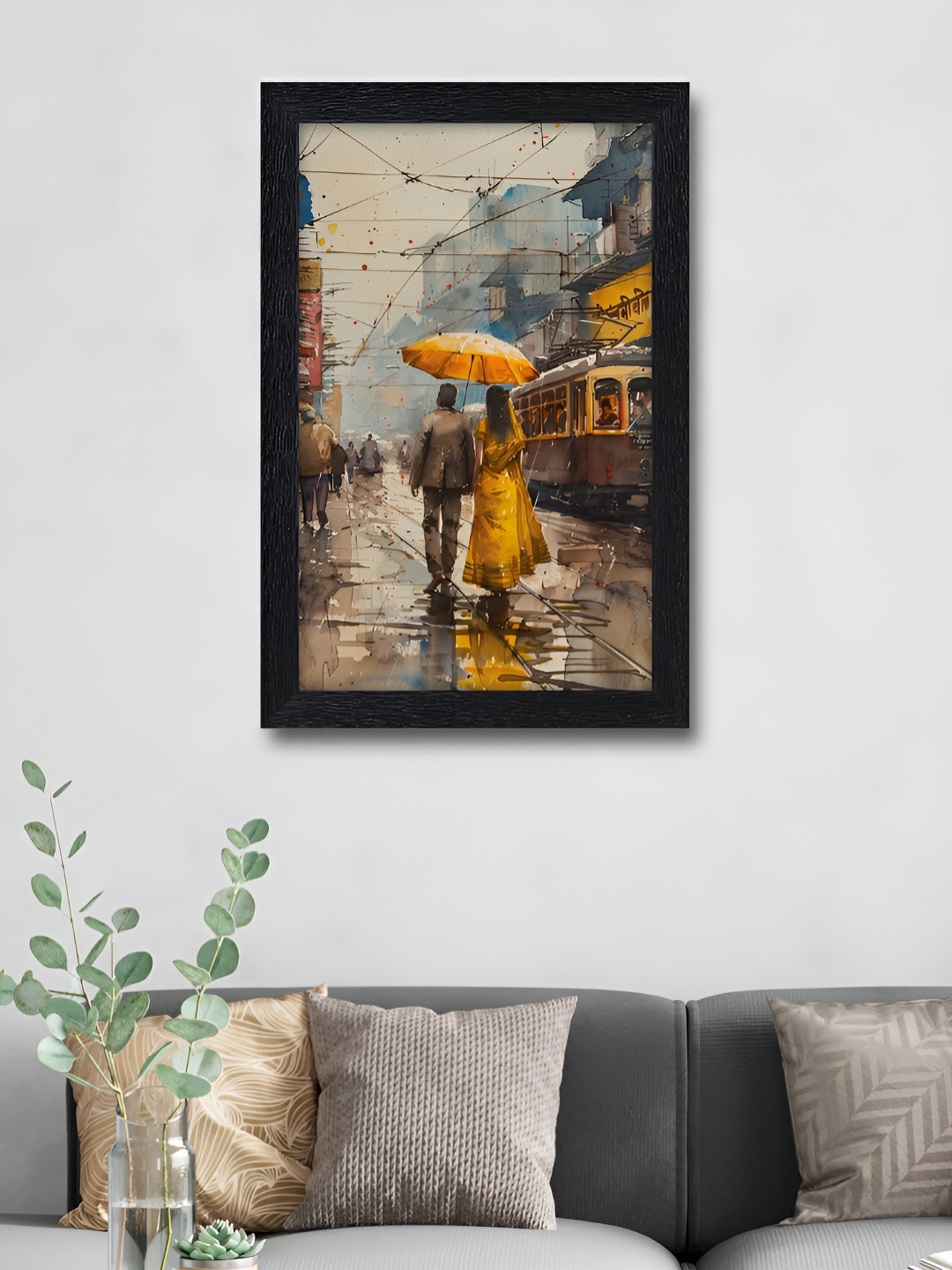 Aura Black & Orange Couple Walking In The Rain Under An Umbrella Wall Art