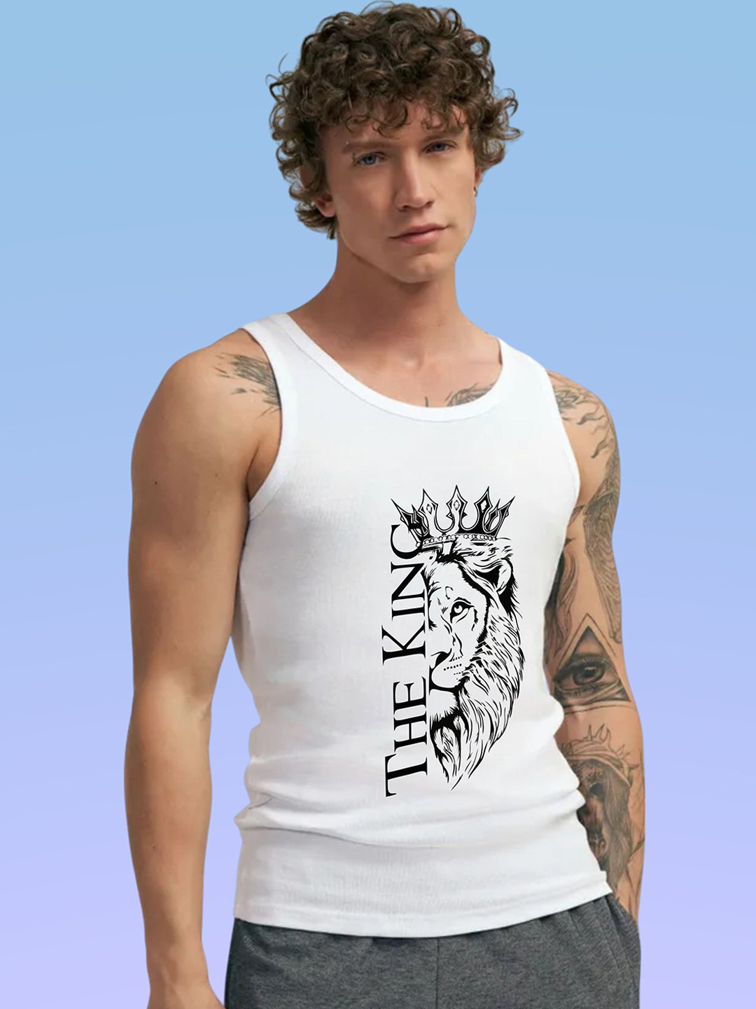 Uniplanet store Printed Scoop Neck Gym Vest UVM-HALF-KING-WHT-S