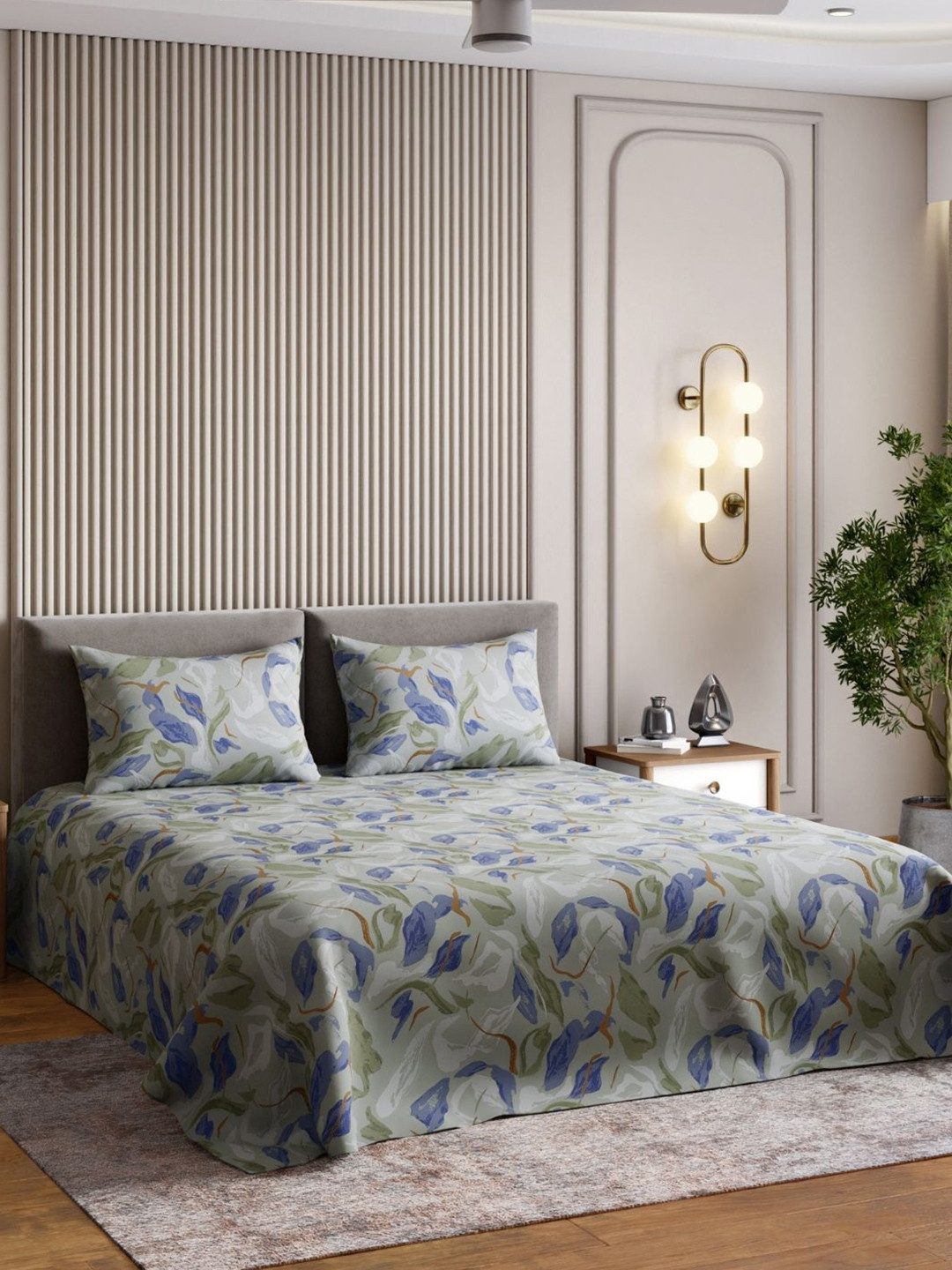 haus & kinder Tropical Breeze Green Leaf Cotton 186TC Double King Bedsheet Set-2.75mx2.75m