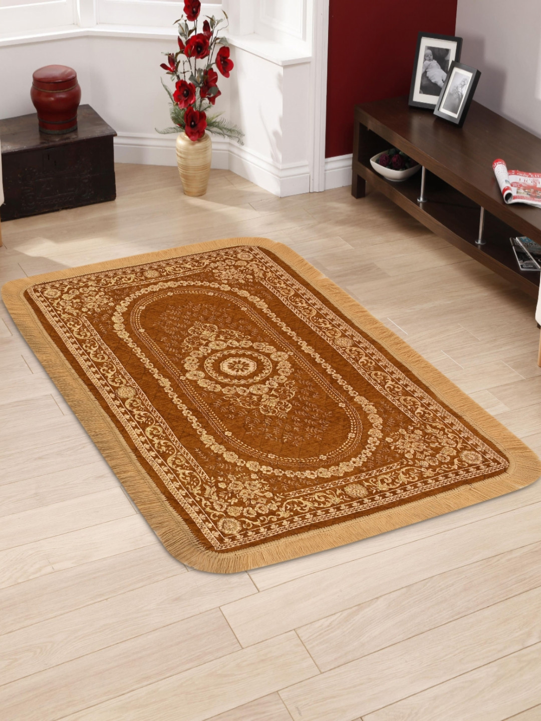 SAWNA HOMES Camel Brown Geometric Anti-Skid Other Carpet