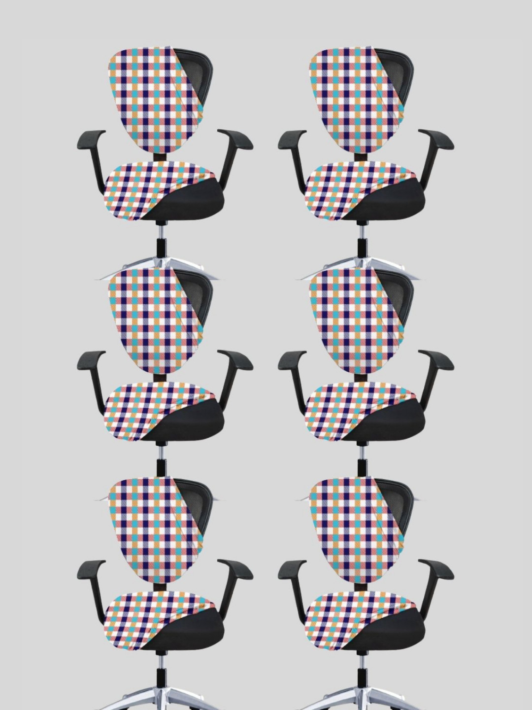 Lazi Set Of 6 White & Blue Checked Stretchable Office Chair Covers