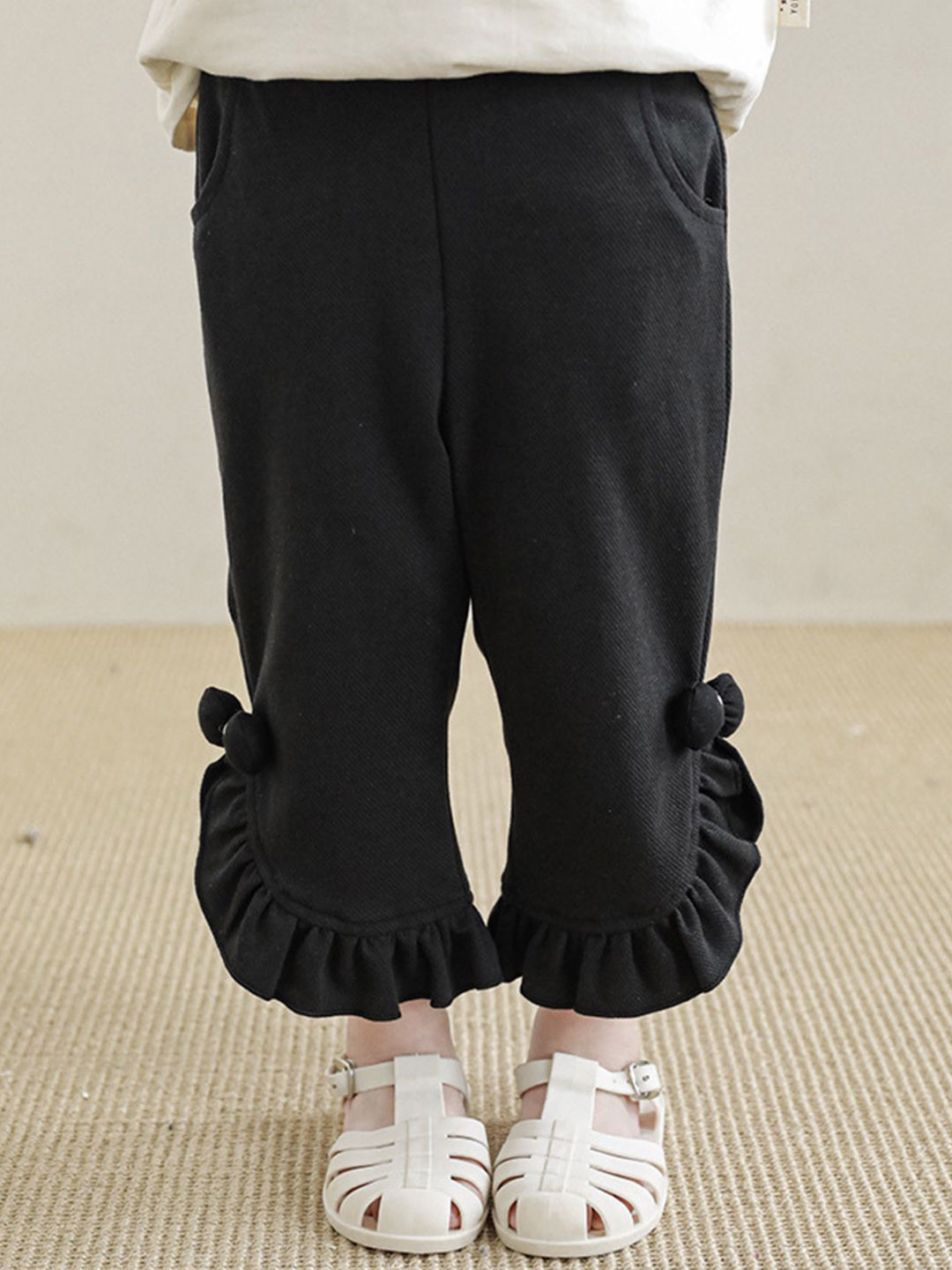 LULU & SKY Girls Solid Straight Fit Mid-Rise Frills Bows and Ruffles Flat-Front Trousers