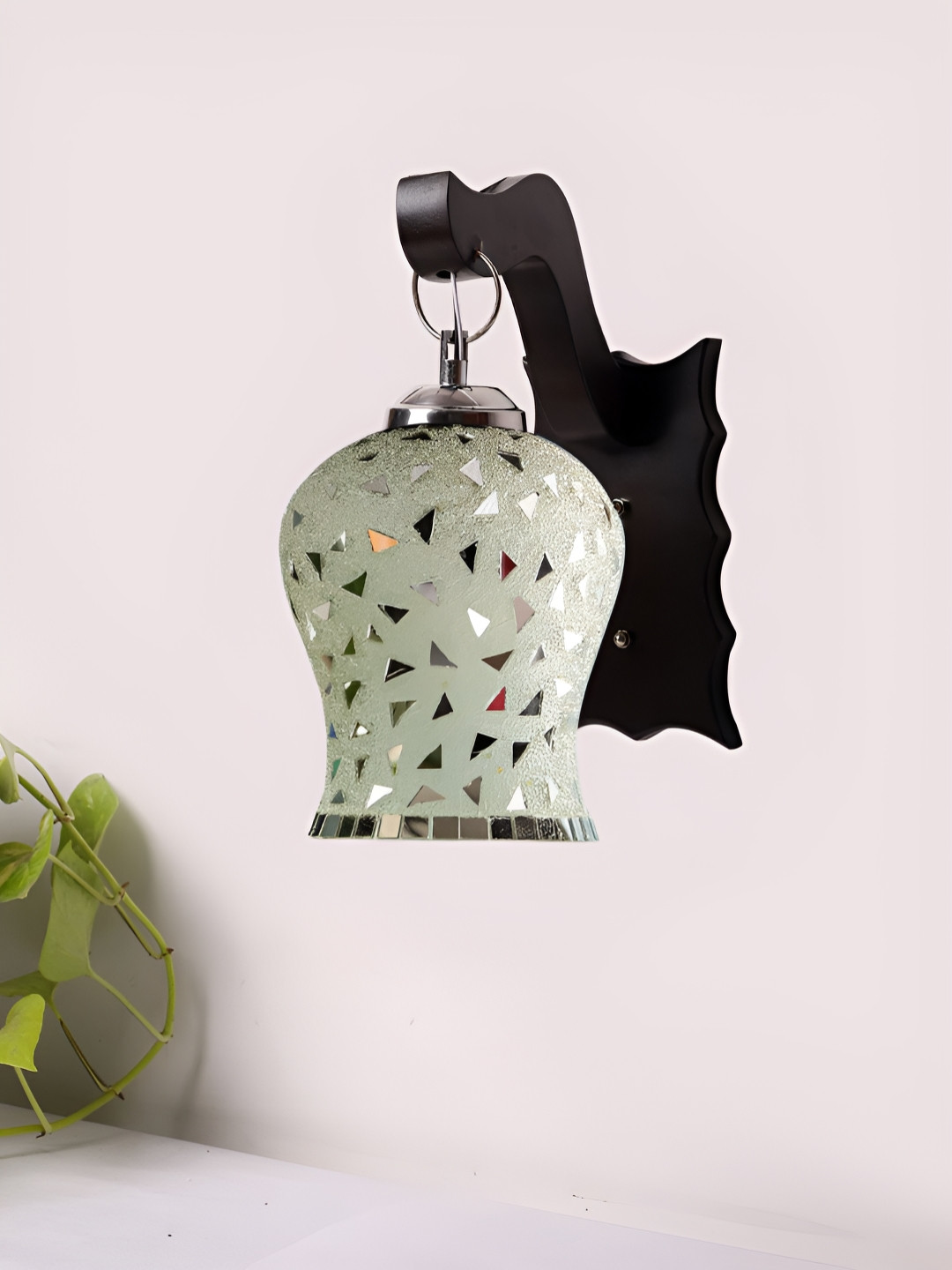 Devansh Silver-Toned & Black Textured Wooden Bell Shaped Wall Lamp