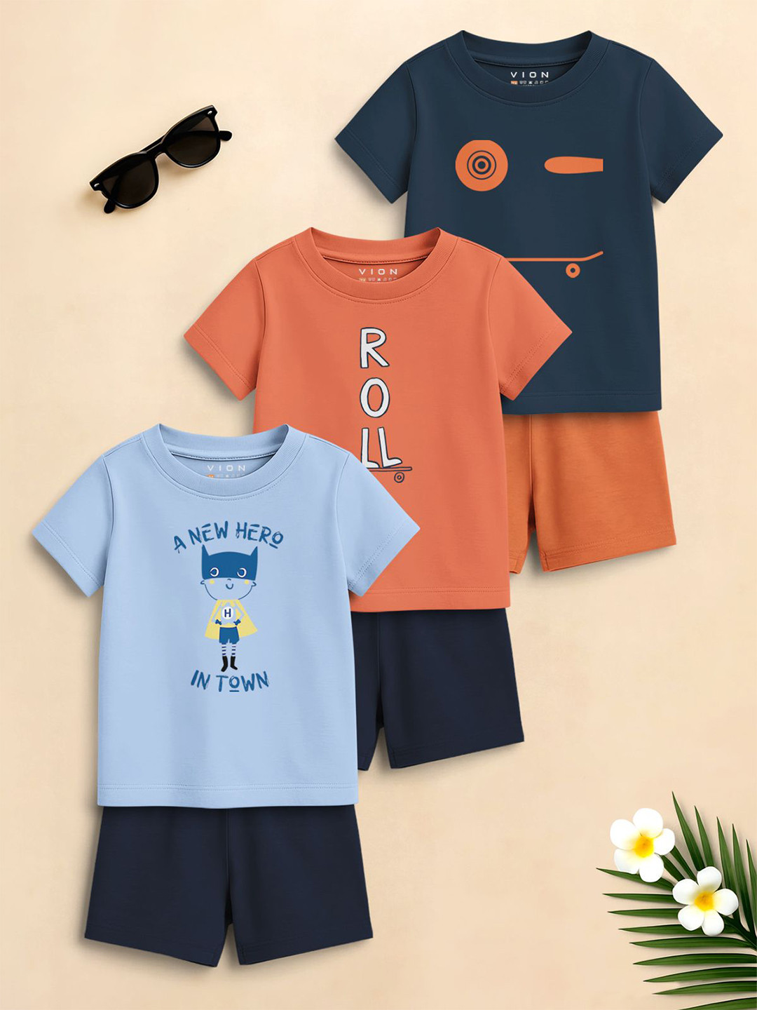 VION Boys Pack Of 3 Printed Round Neck T-Shirts With Shorts