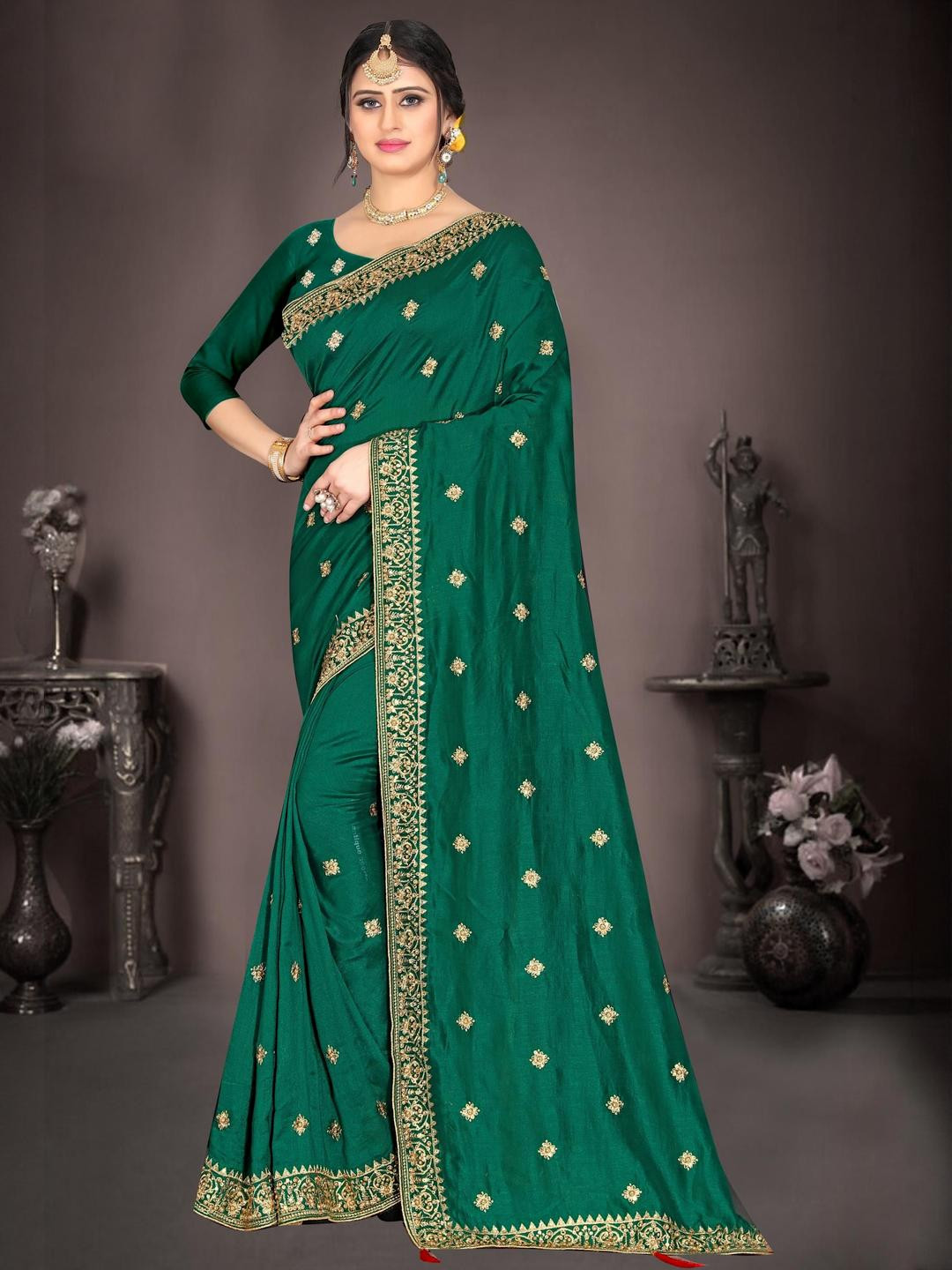 F FASHION Embellished Beads and Stones Silk Blend Designer Saree