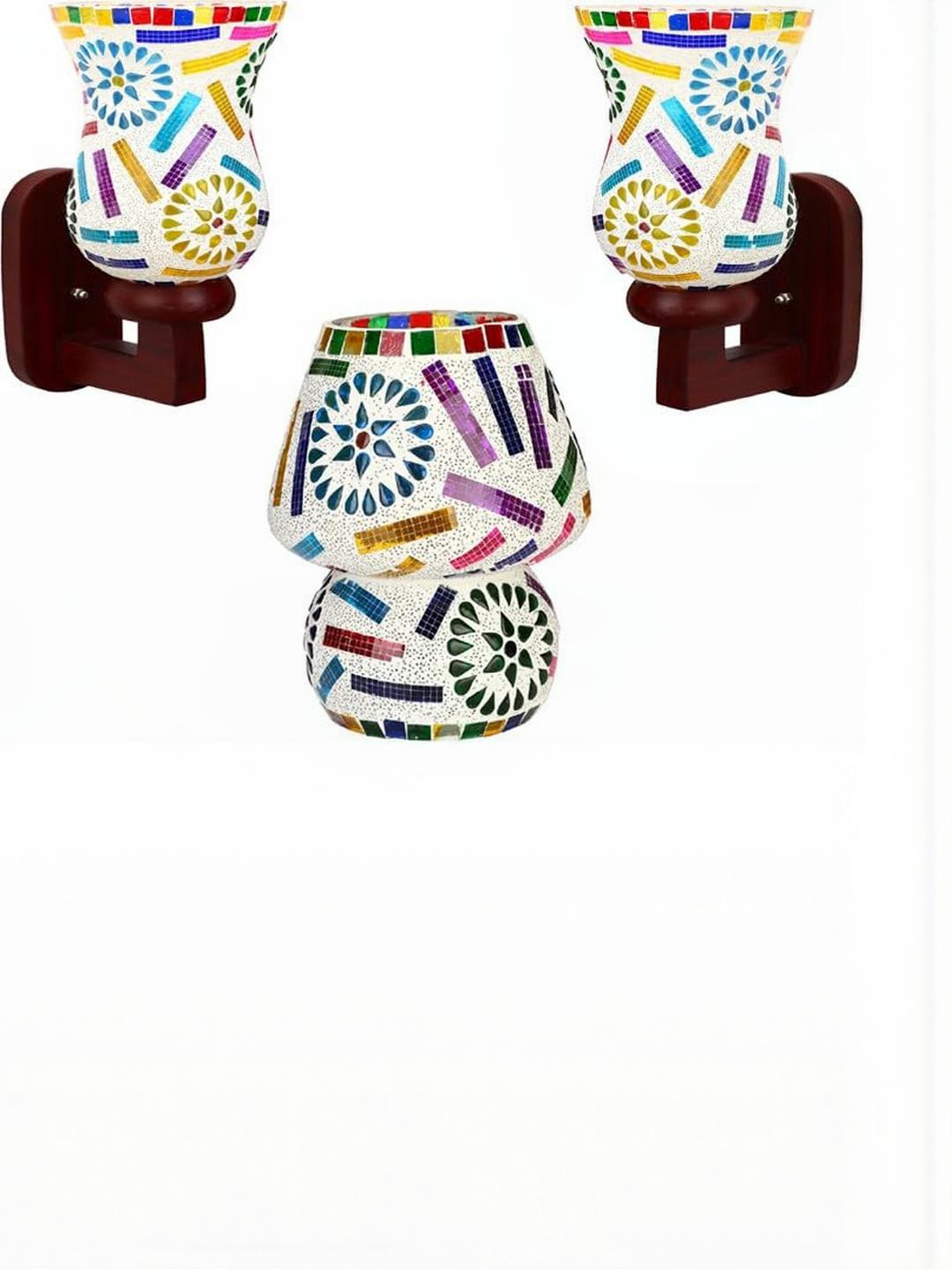 Somil Indore Mosaic Decorative Lamp Combo of Matching Wall Lamp & Table Lamp, Multi Compatible with LED, Size: 14 X 14 X 18 Cm, Pack of 3.