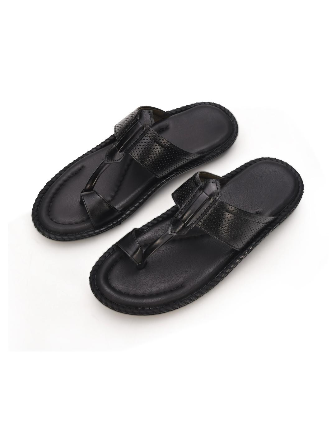 STEPHORN Mens Leather Comfort Slippers with Kolhapuri-Inspired Toe Ring & Stitched Sole