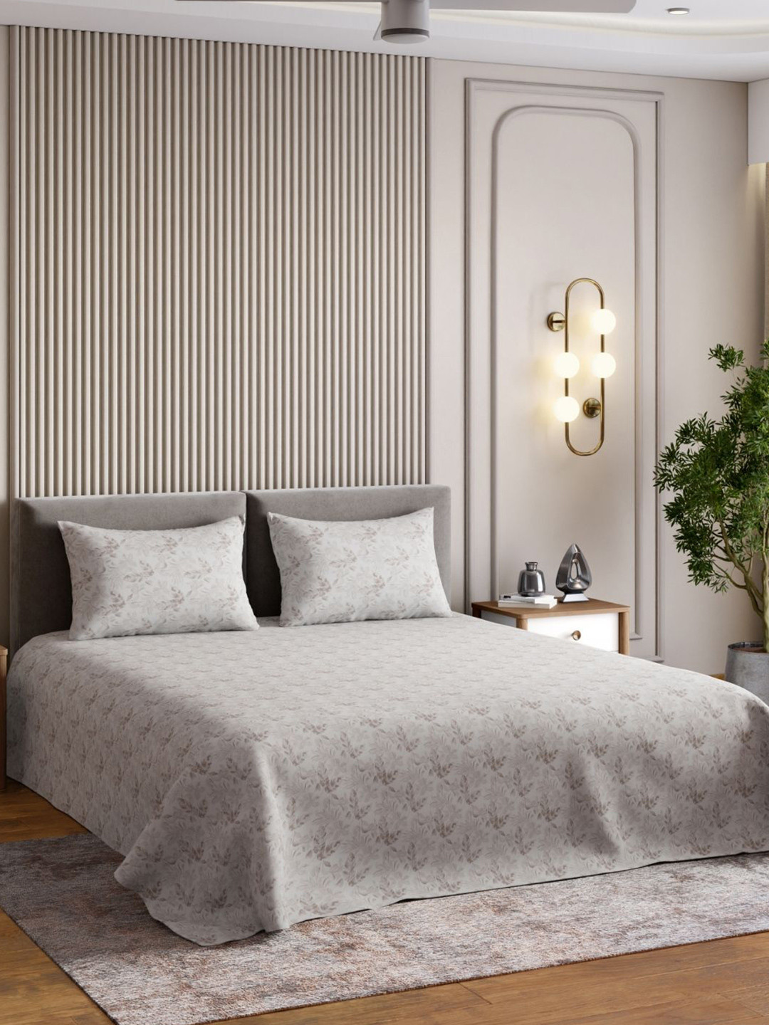 haus & kinder Clouddrape Signature Brown Leaf Cotton 300TC Queen Bedsheet Set- 2.55mx2.29m