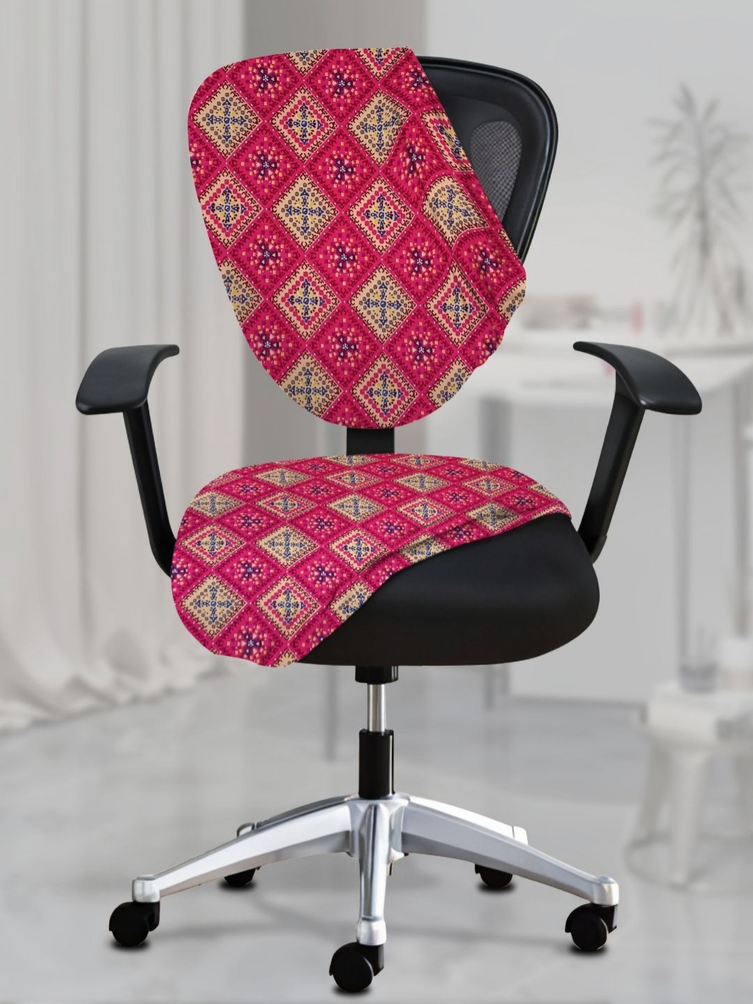 Lazi Pink Printed Stretchable Office Chair Cover