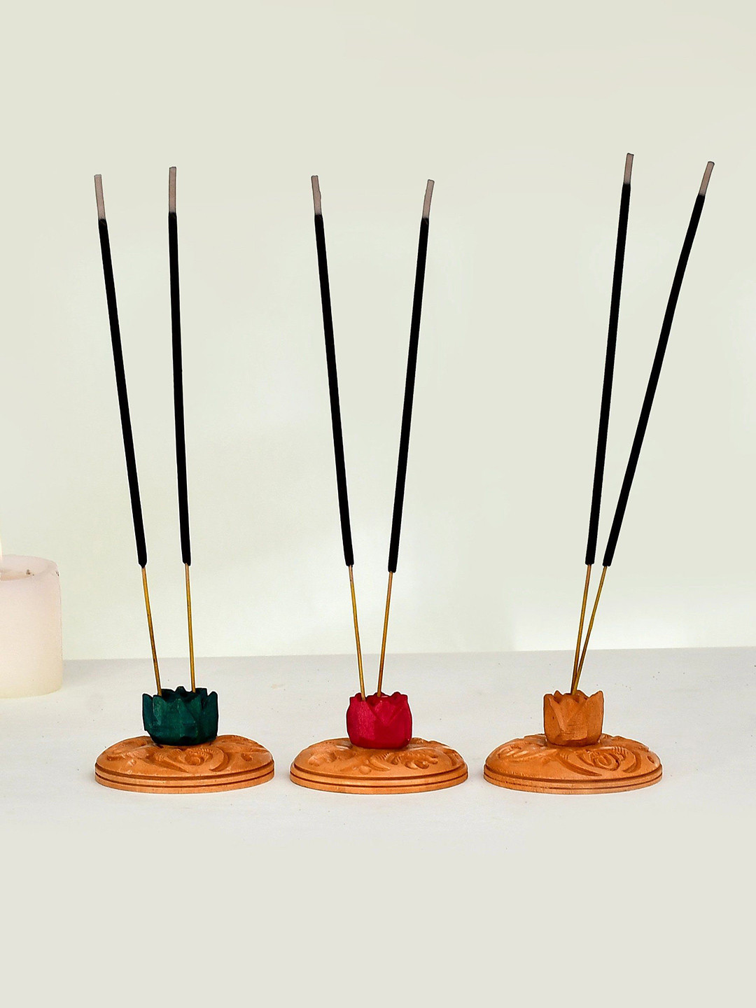 CRAFTAM 3Pcs Brown & Green Wooden Handicraft Incense Stick Holder Agarbatti Stand