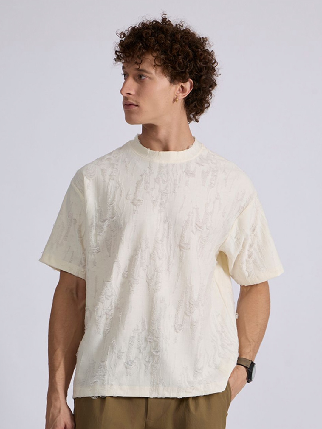 Espanshe Men Self Design Round Neck Oversized T-shirt