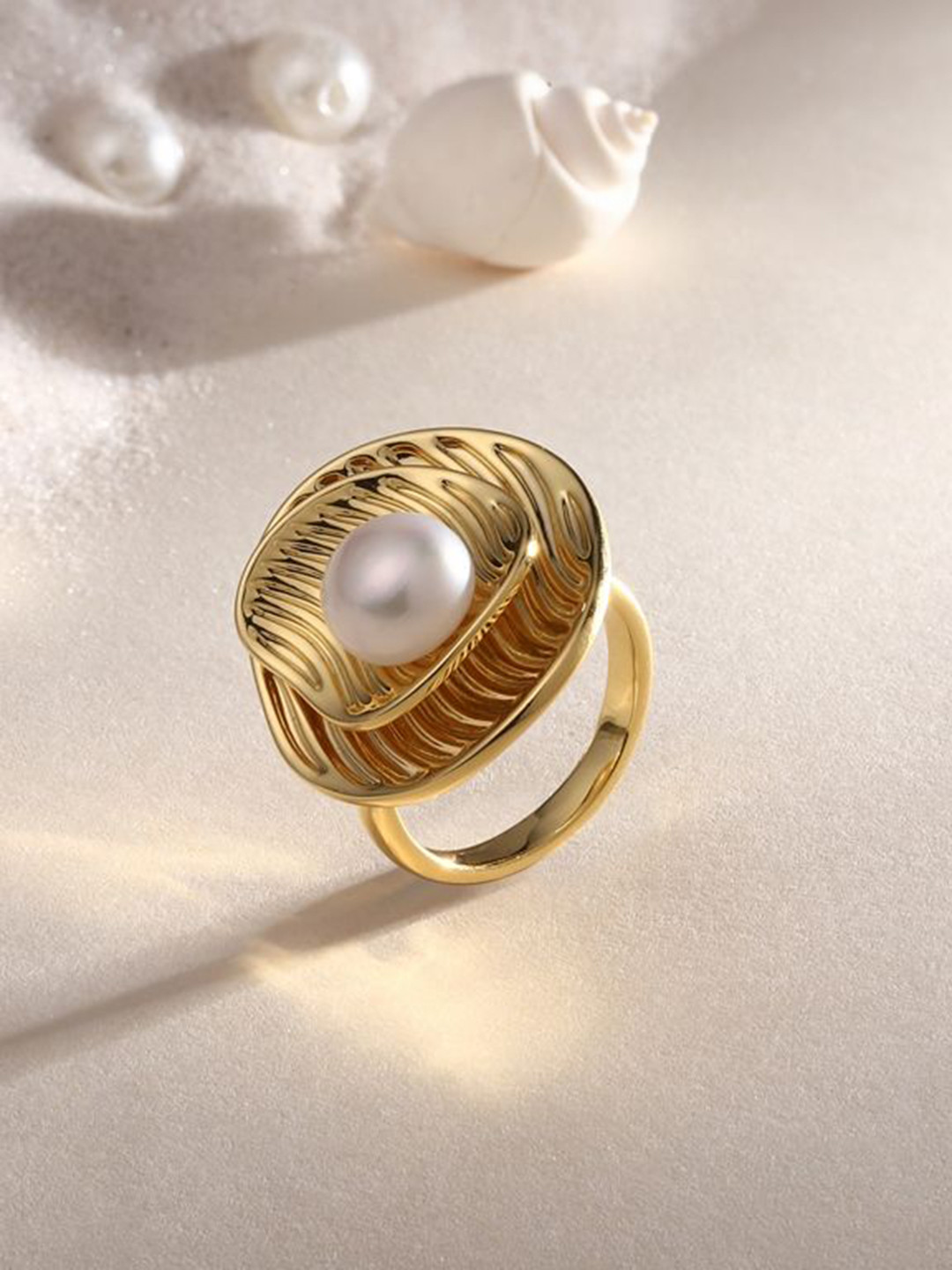Cierra 18KT Gold-Plated Pearl & Oval Shaped Adjustable Finger Ring