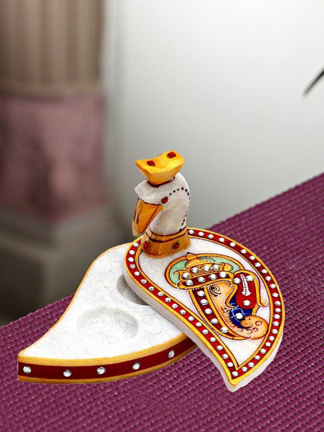 CRAFTAM White & Red Marble Made Peacock Shape Roli Rice Kumkum Box