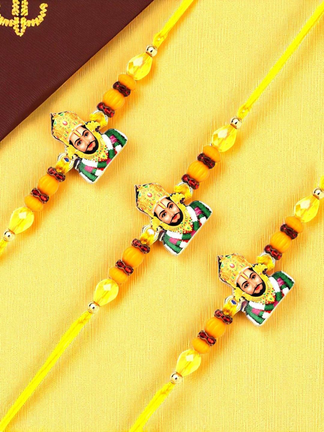 ADIVA Set Of 3 Sones Studded & Beaded Thread Rakhis With Pooja Thali & Roli Chawal