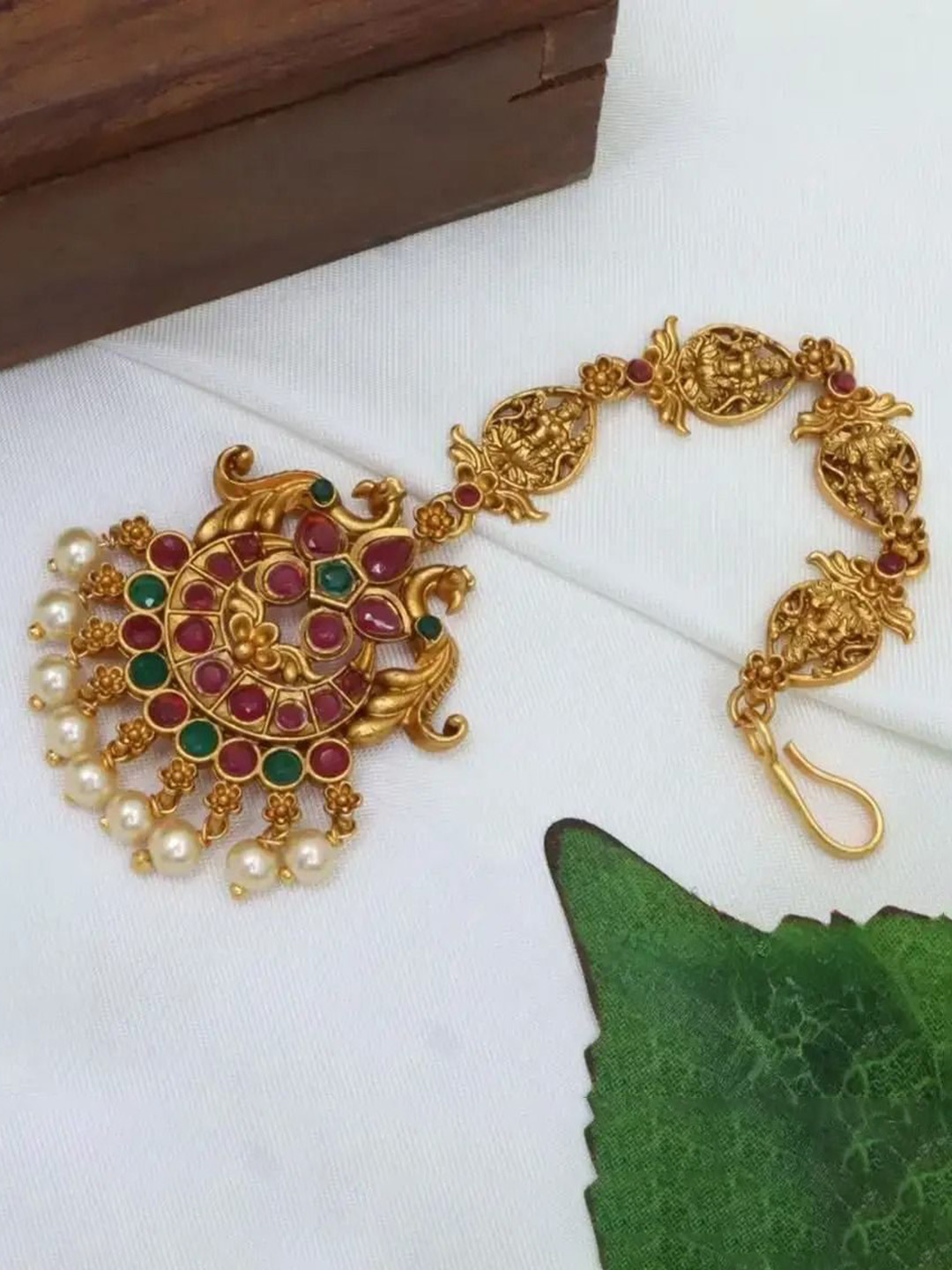 Diksha collection Brass-Plated Stone-Studded & Beaded Maang Tikka