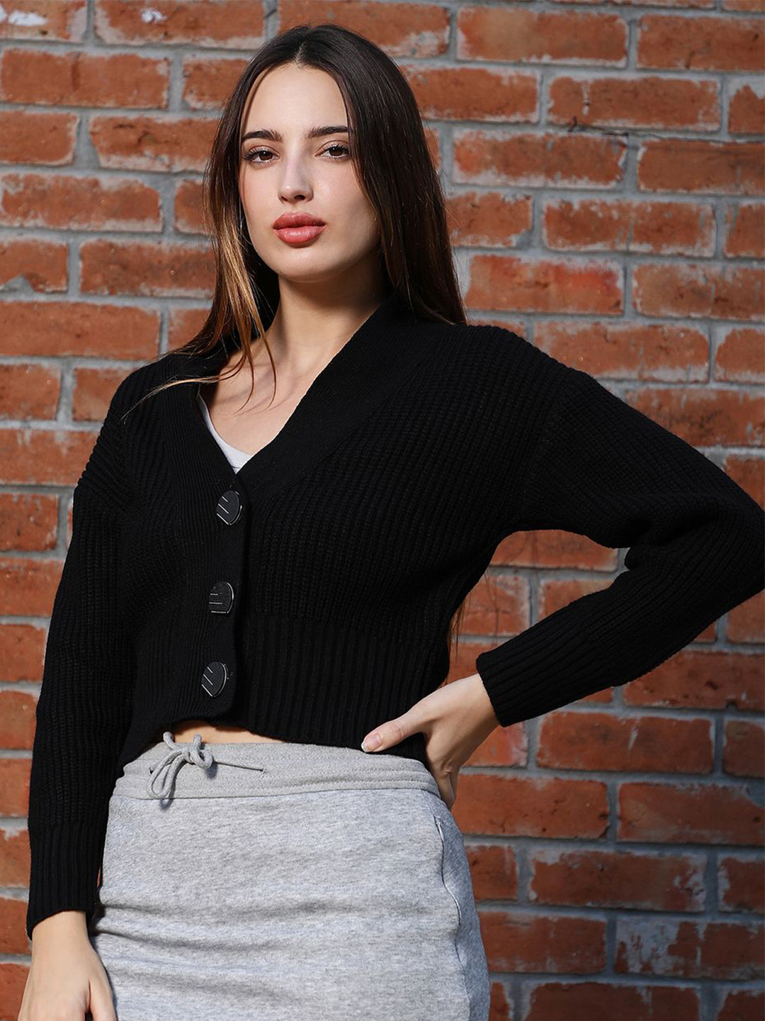 PINACOLADA Women V-Neck Self Design Cable Knit Crop Cardigan Sweaters