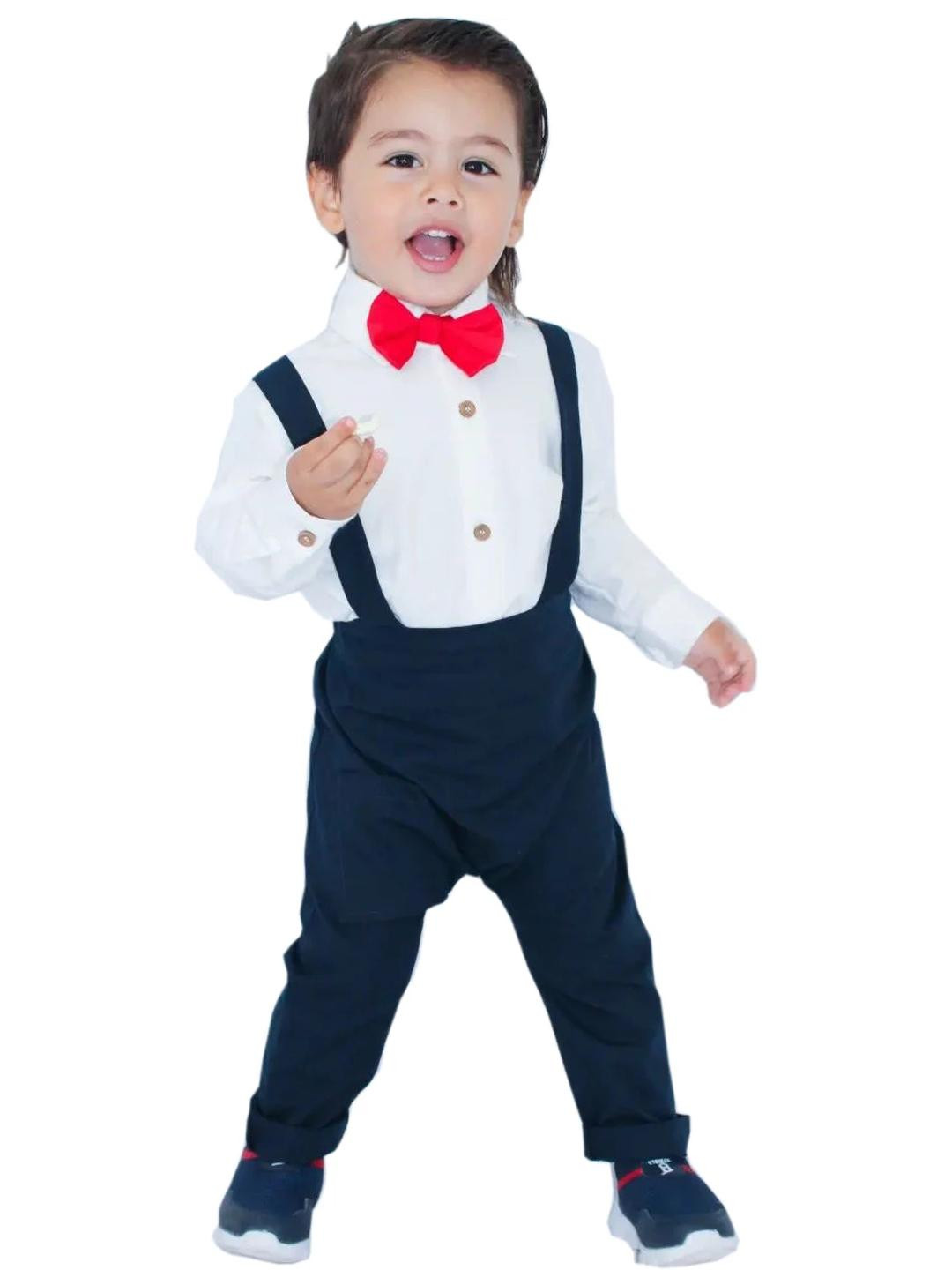 Belliza Kids Solid Shirt Straight Leg Dungaree With Bow & Tie