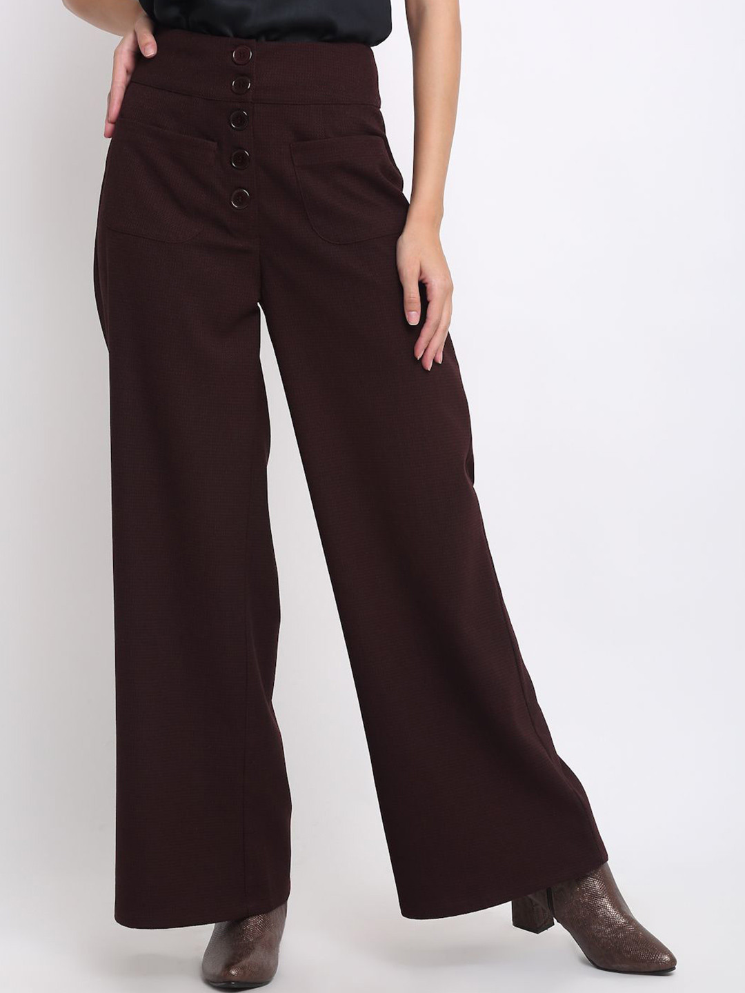 SHAYE Women Relaxed Textured High-Rise Wide Leg Parallel Trousers