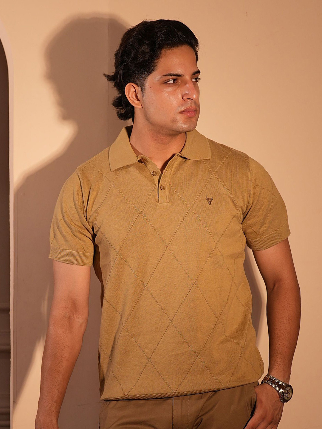 BLACK BUCK Self Design Polo Collar Short Sleeves Cotton T-shirt