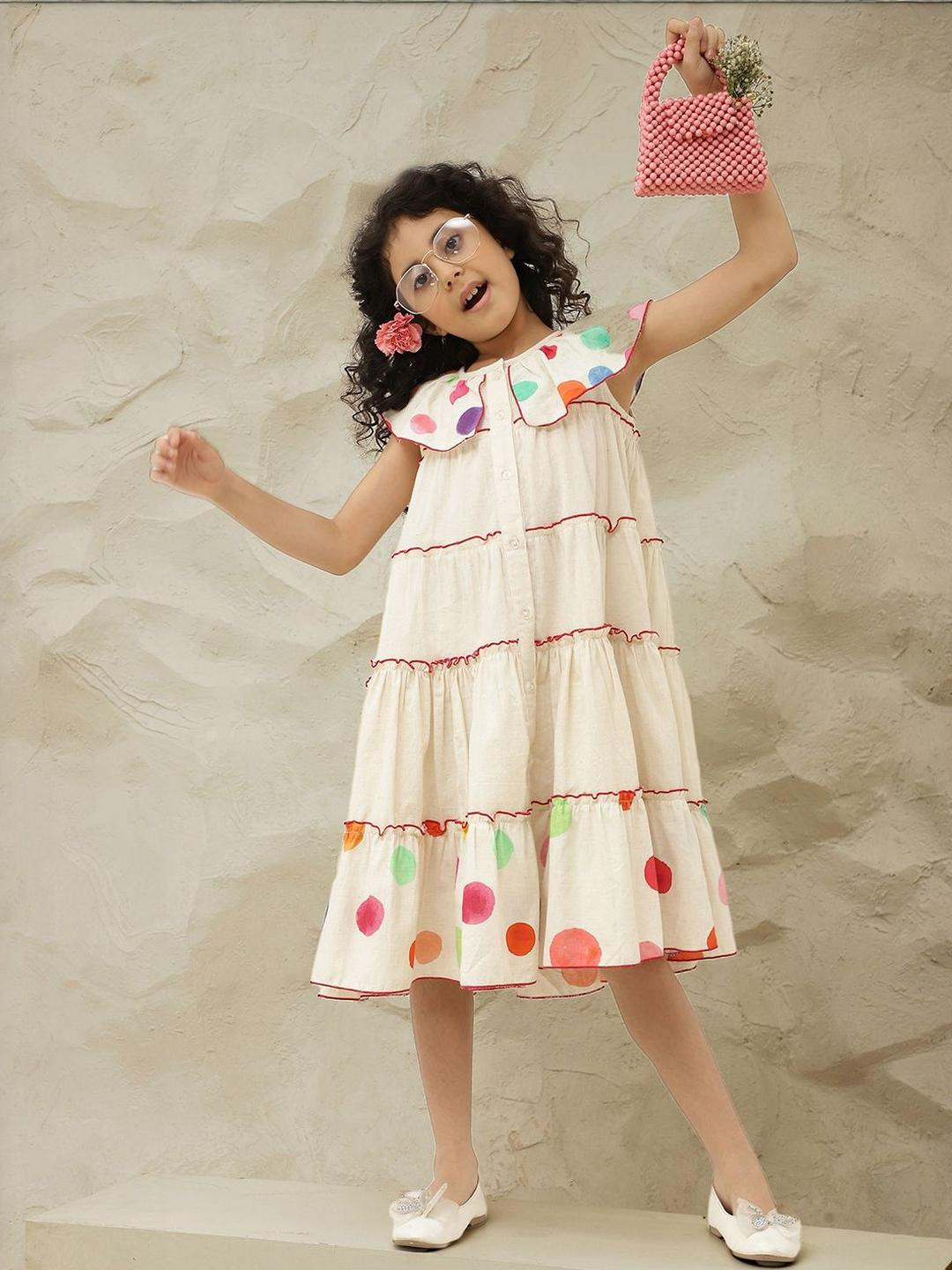 Bugandbees Girls Polka Dot Printed Peter Pan Collar Tiered Shirt Midi Dress