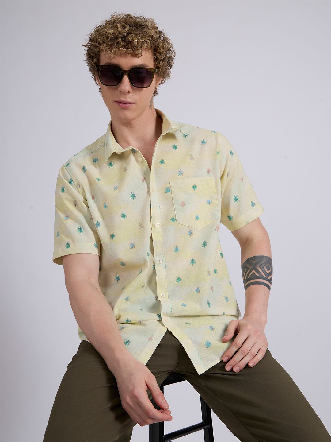 Espanshe Men Lucius Floral Printed Spread Collar Cotton Casual Shirt