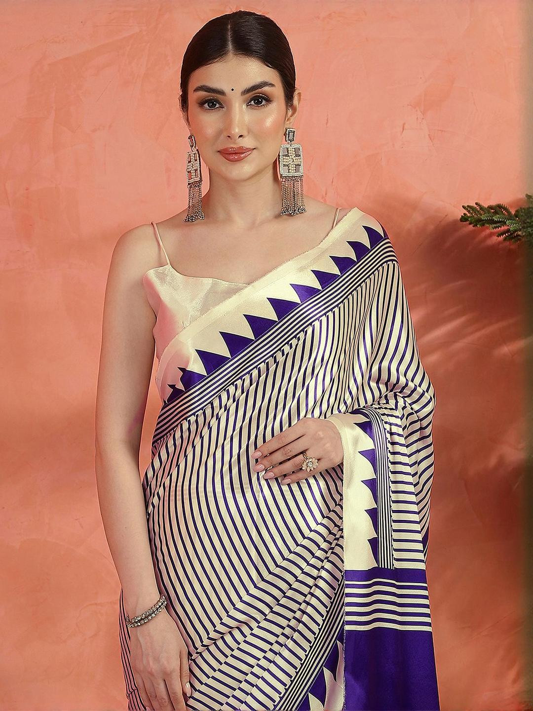 Sangria Stripes Printed Saree With Unstitched Blouse
