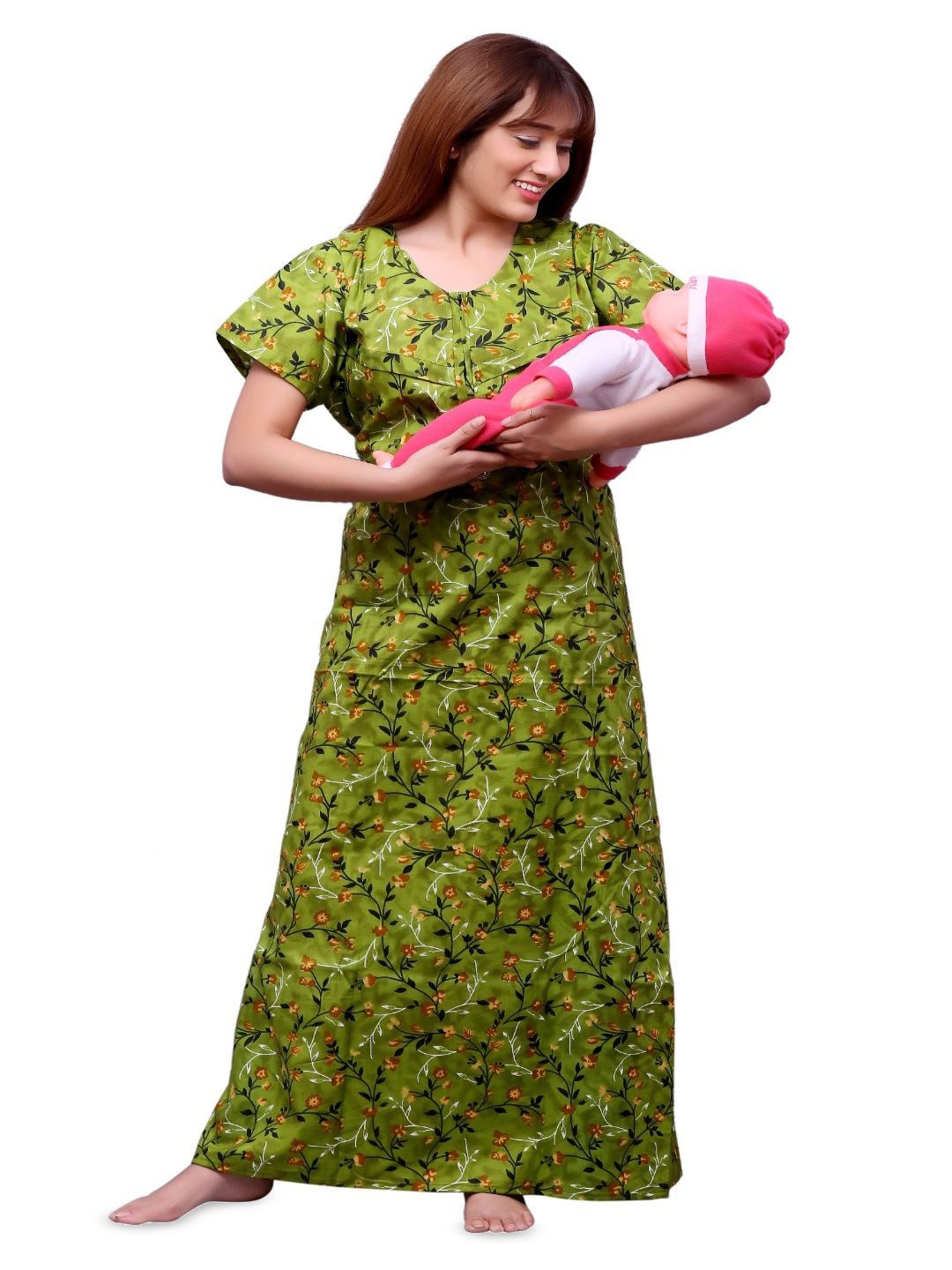 ANKONA Women Floral Printed Round Neck Pure Cotton Maternity Maxi Nightdress