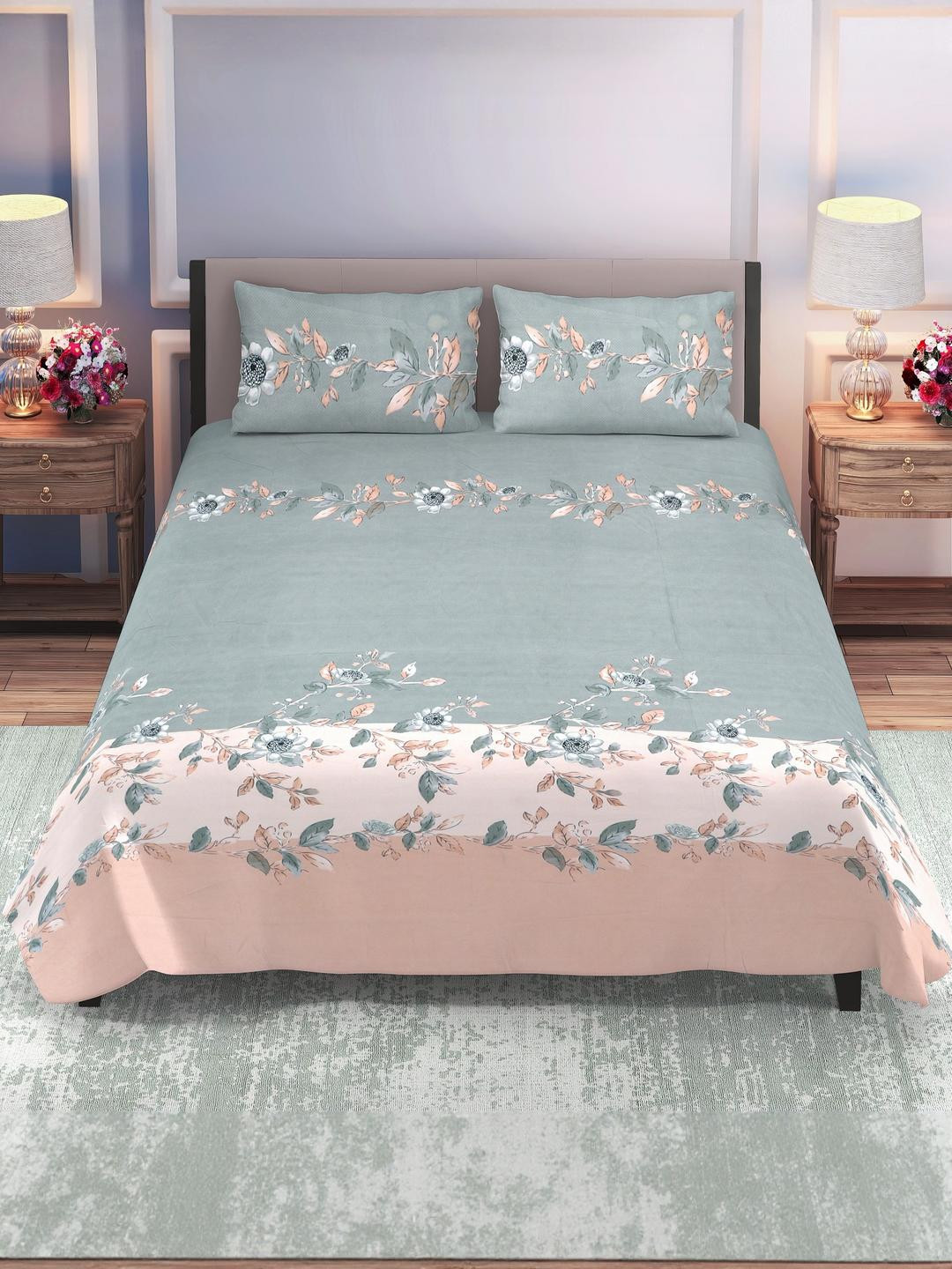 DREAM LIVING Grey & Cream-Coloured Floral 144 TC Queen Bedsheet with 2 Pillow Covers