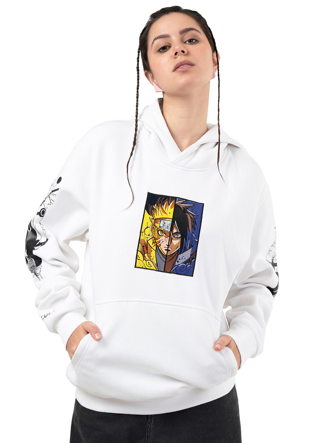 RHINO CULT Women Sasuke and Naruto Printed Hooded Cotton Pullover Sweatshirt