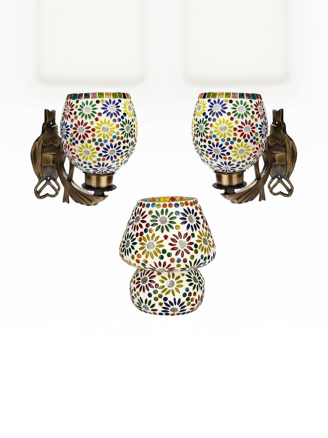 Somil Indore Mosaic Decorative Lamp Combo of Matching Wall Lamp & Table Lamp, Multi Compatible with LED, Size: 14 X 14 X 18 Cm, Pack of 3.