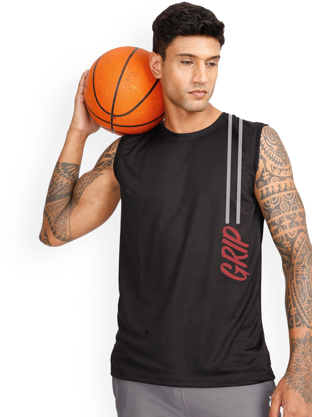 3Colors Round Neck Gym Vest VEST-CCUT-2LINE CHEST GRIP-BLK_M