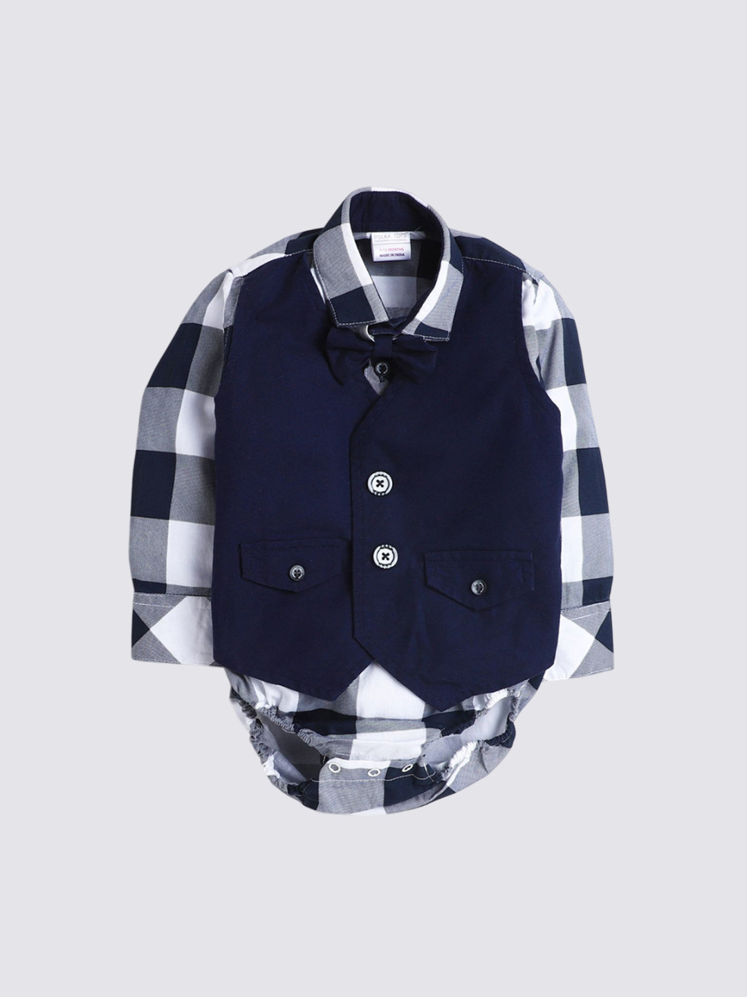 Polka Tots Infants Boys Checked Cotton Formal Bodysuit With Attached Waistcoat & Bow Tie