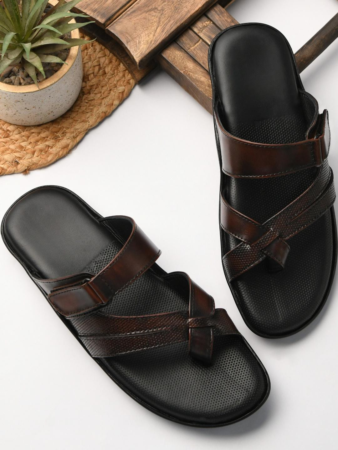 STEPHORN Men Leather Ethnic Cushioned Open-Toe Sandals