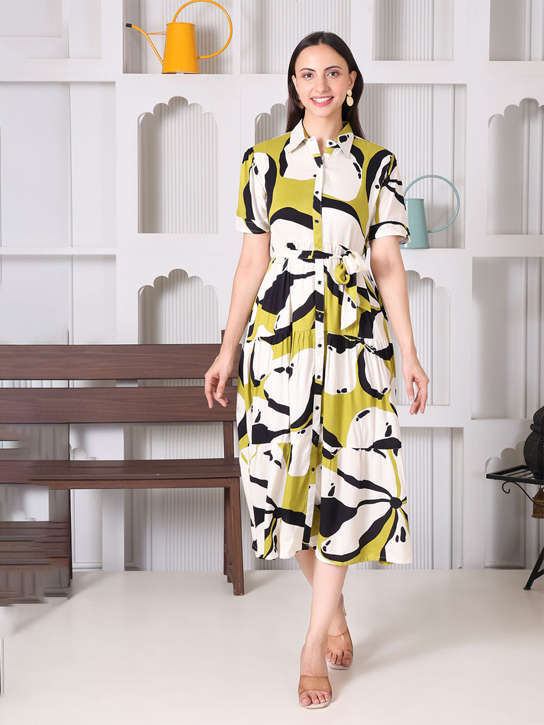 KWEEN Women Tiered Shirt Midi Dress With Belted