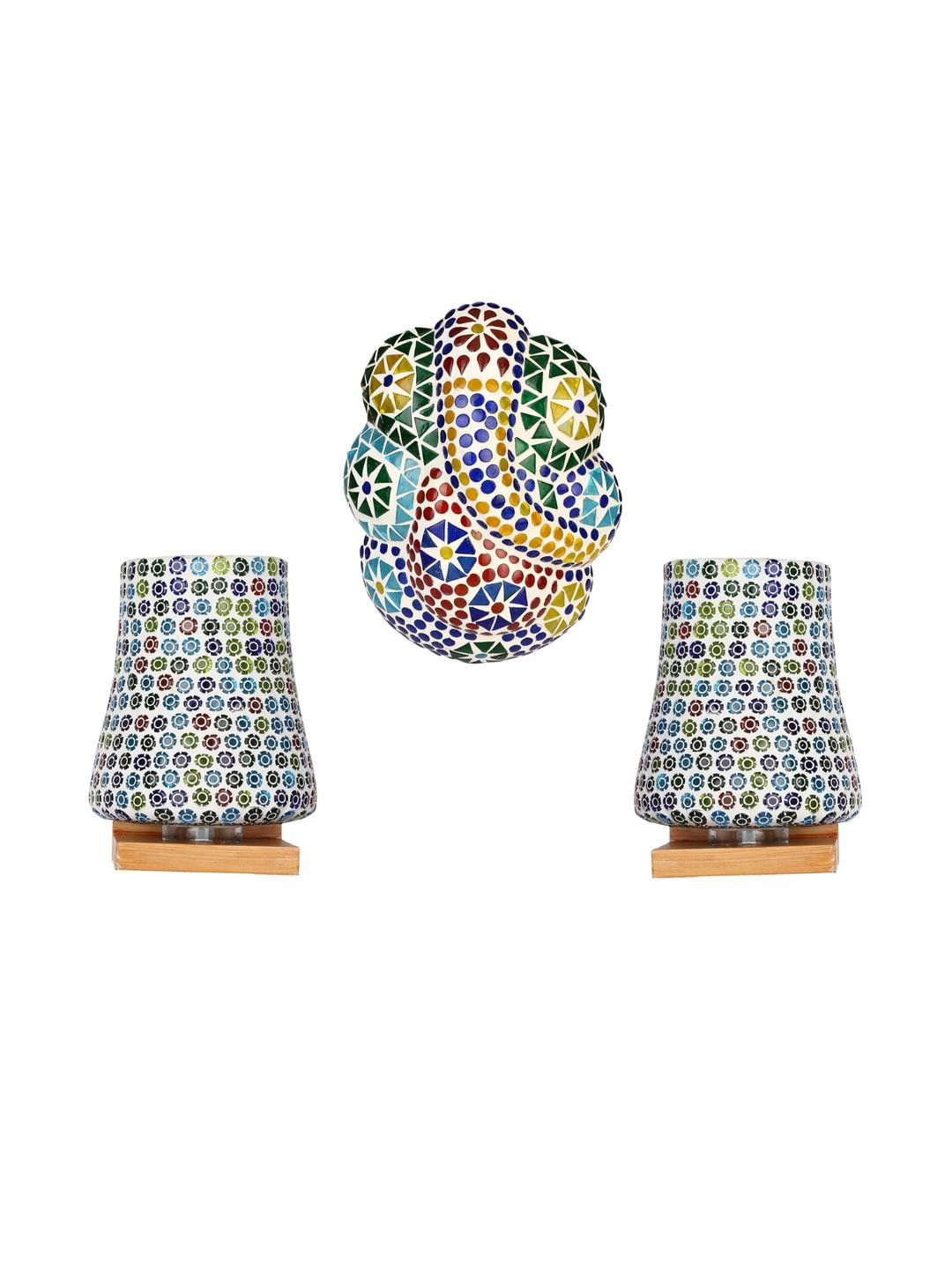 Somil Indore Mosaic Decorative Lamp Combo of Matching Wall Lamp & Blessing God Ganesh Wall Lamp, Multi Compatible with LED, Size: 14 X 14 X 18.5 Cm, Pack of 3.