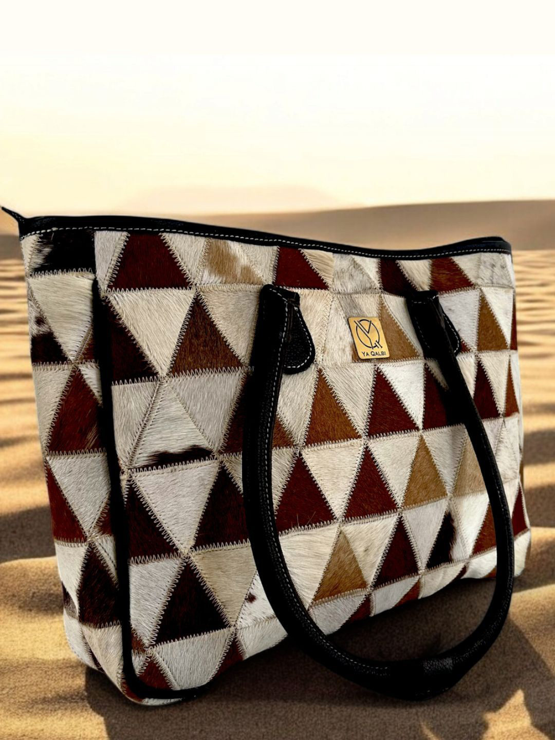 Ya Qalbi Triangular Embroidered Leather Tote Bag