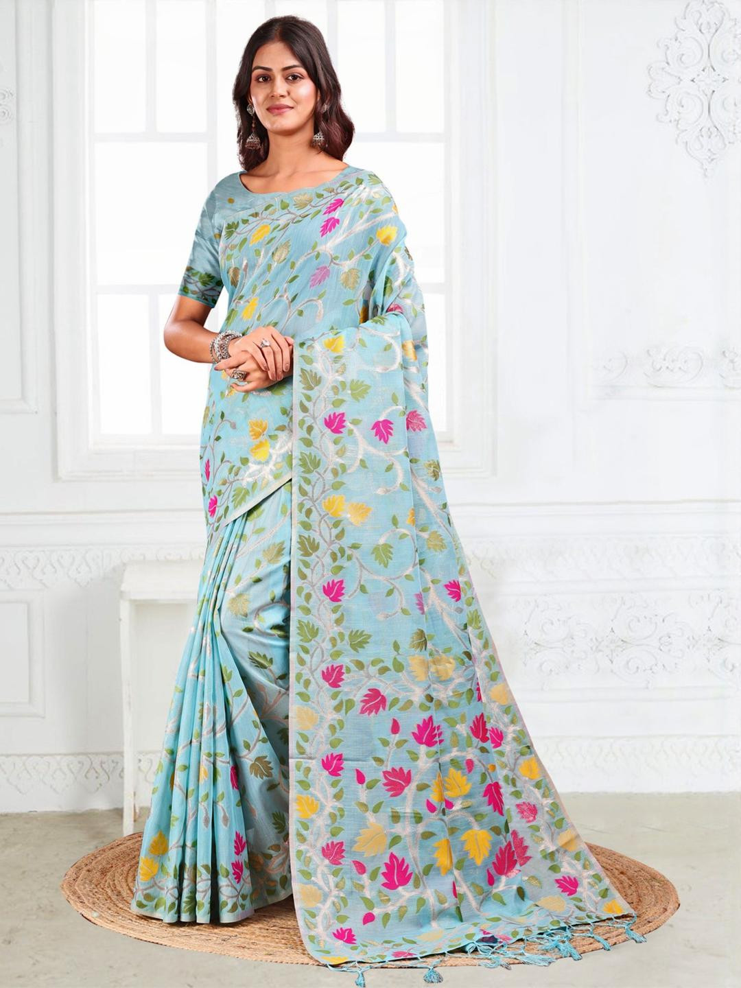 Panzora Floral Woven Design Linen Cotton Saree