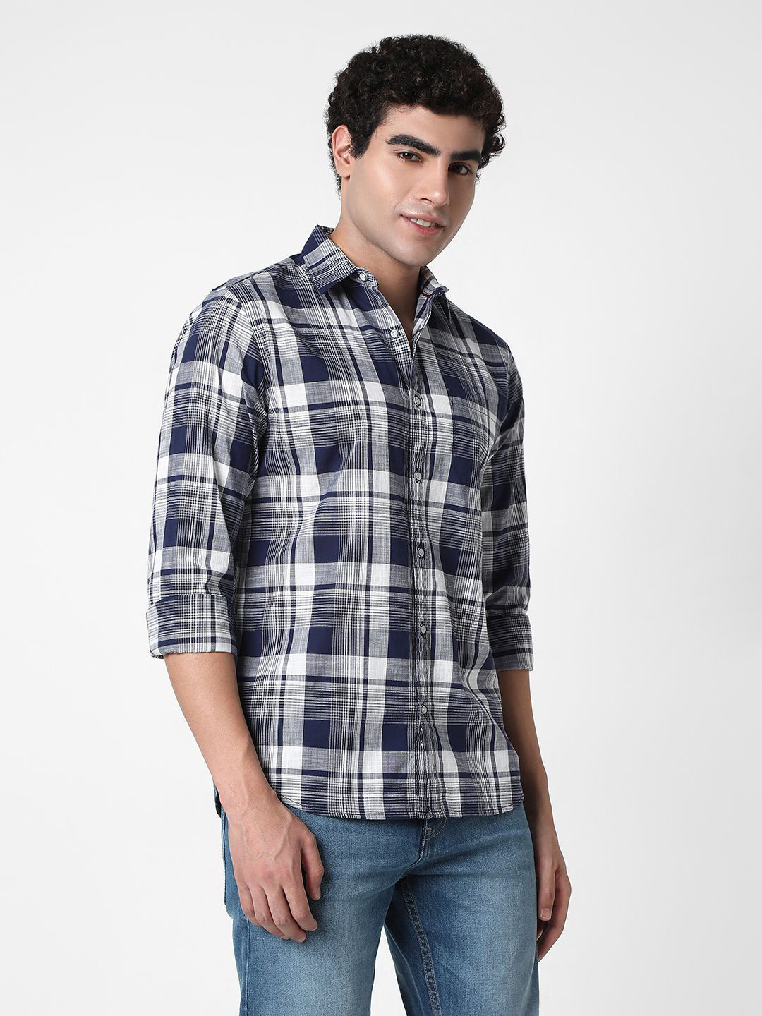 R&B Men Buffalo Checked Spread Collar Cotton Casual Shirt