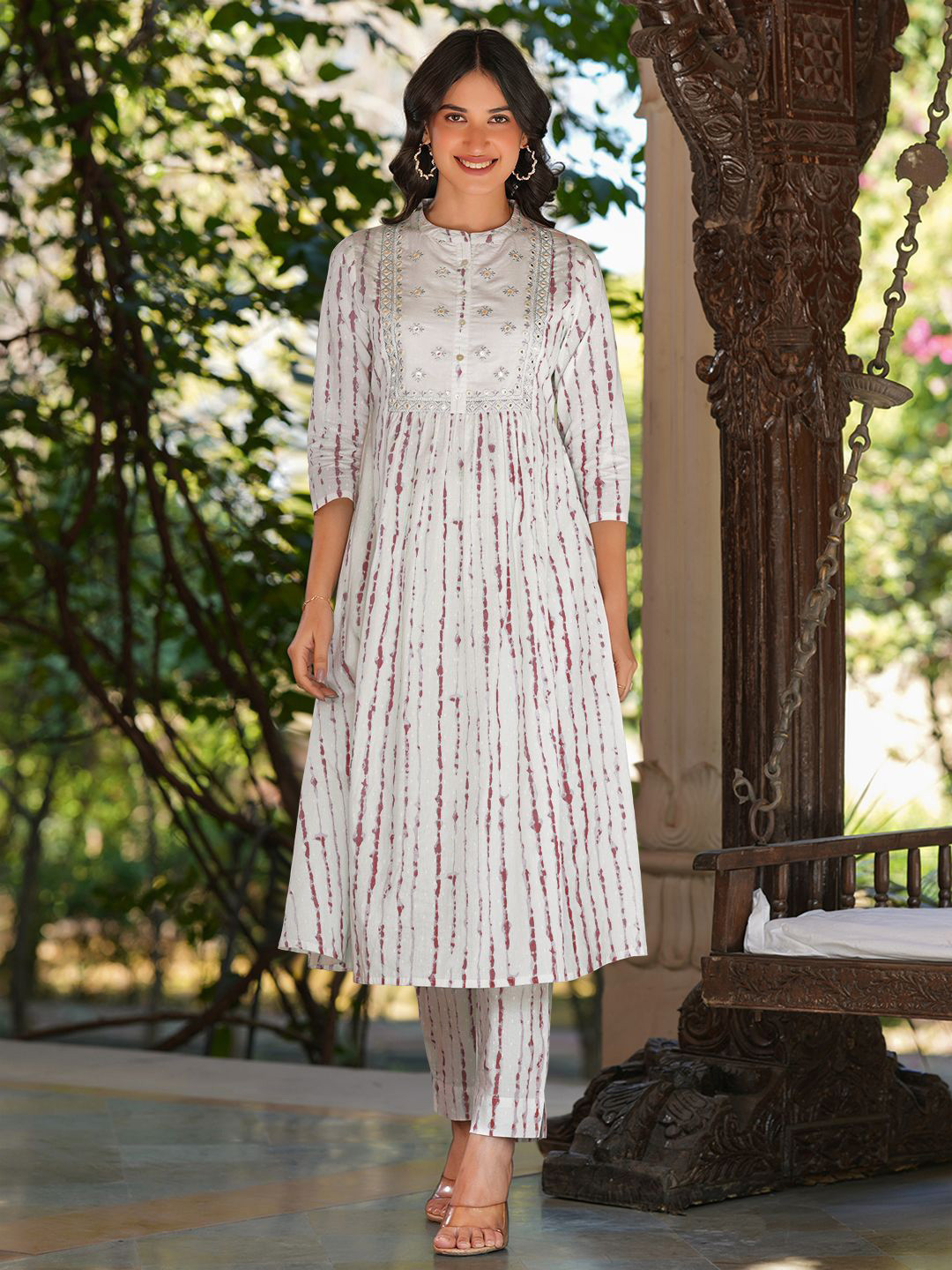 Janasya Women White Pure Cotton Tie & Dye With Mirror Work A-line Kurta Pant Set