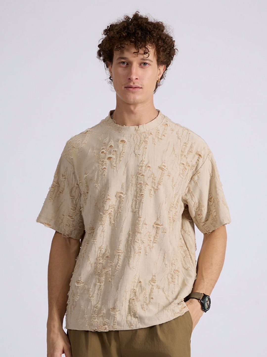 Espanshe Self Design Drop-Shoulder Sleeves T-shirt