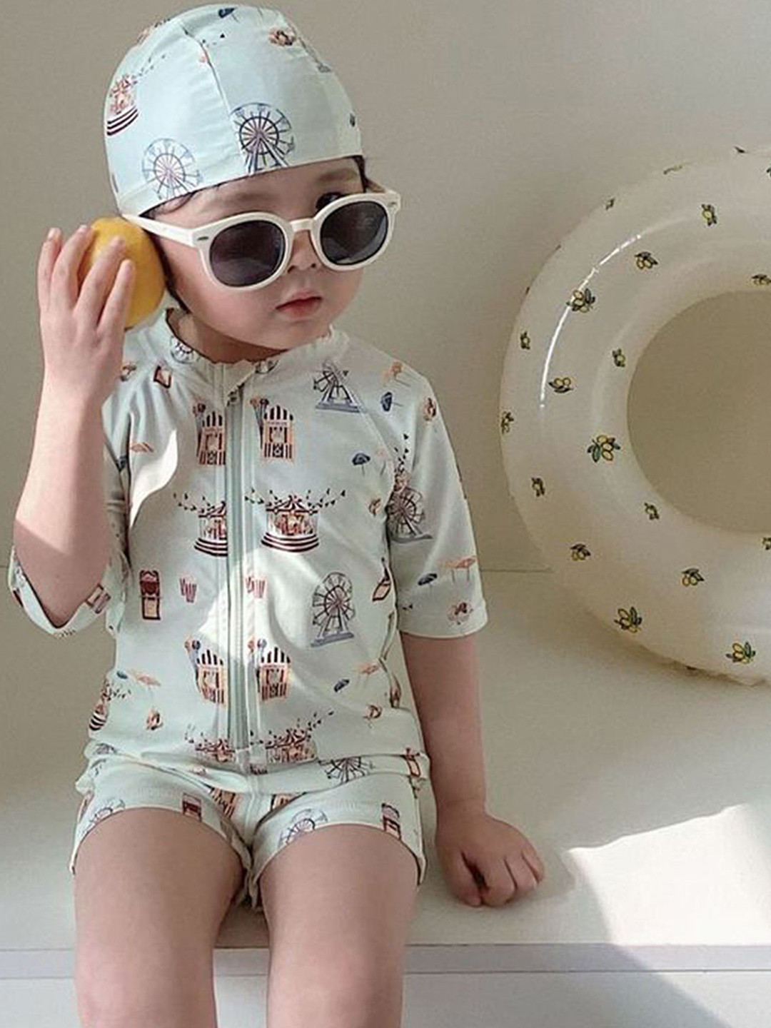LULU & SKY Boys Geometric Printed Round Neck Sleeveless Swim Dress Attached with short