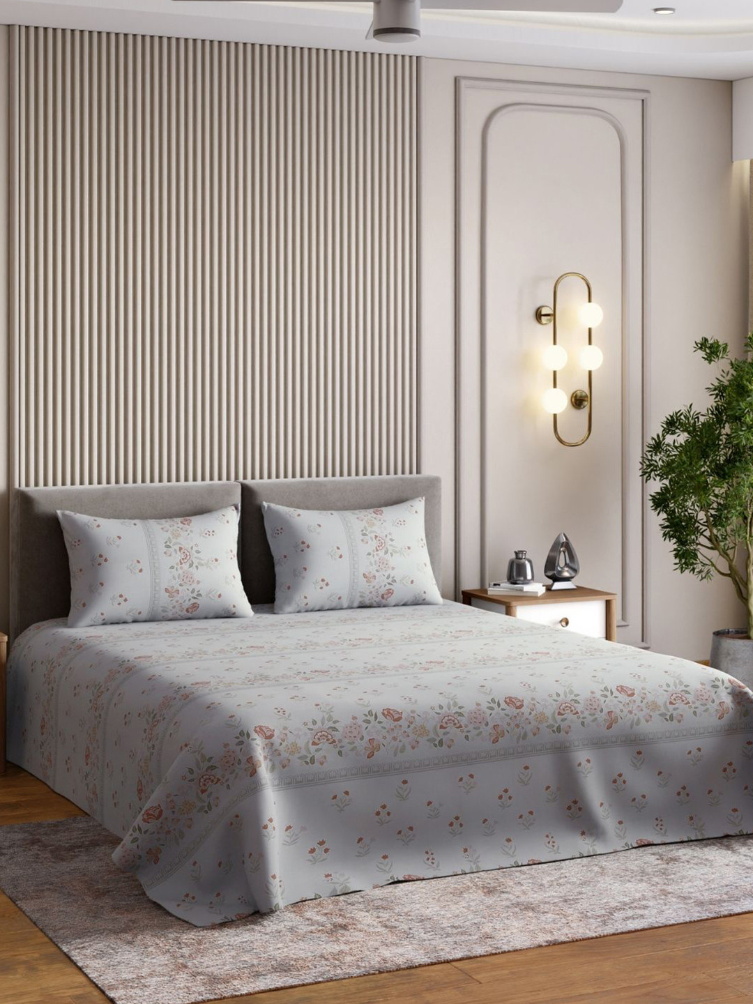 haus & kinder Royal Saga Grey & Green Floral Cotton 186 TC Queen Bedsheet Set-2.55mx2.29m