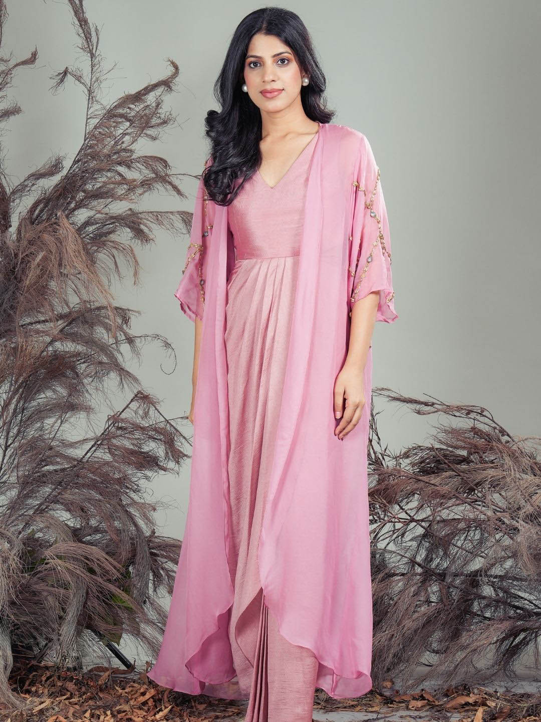 RIRASA Draped Midi Ethnic Dress With Cape Jacket