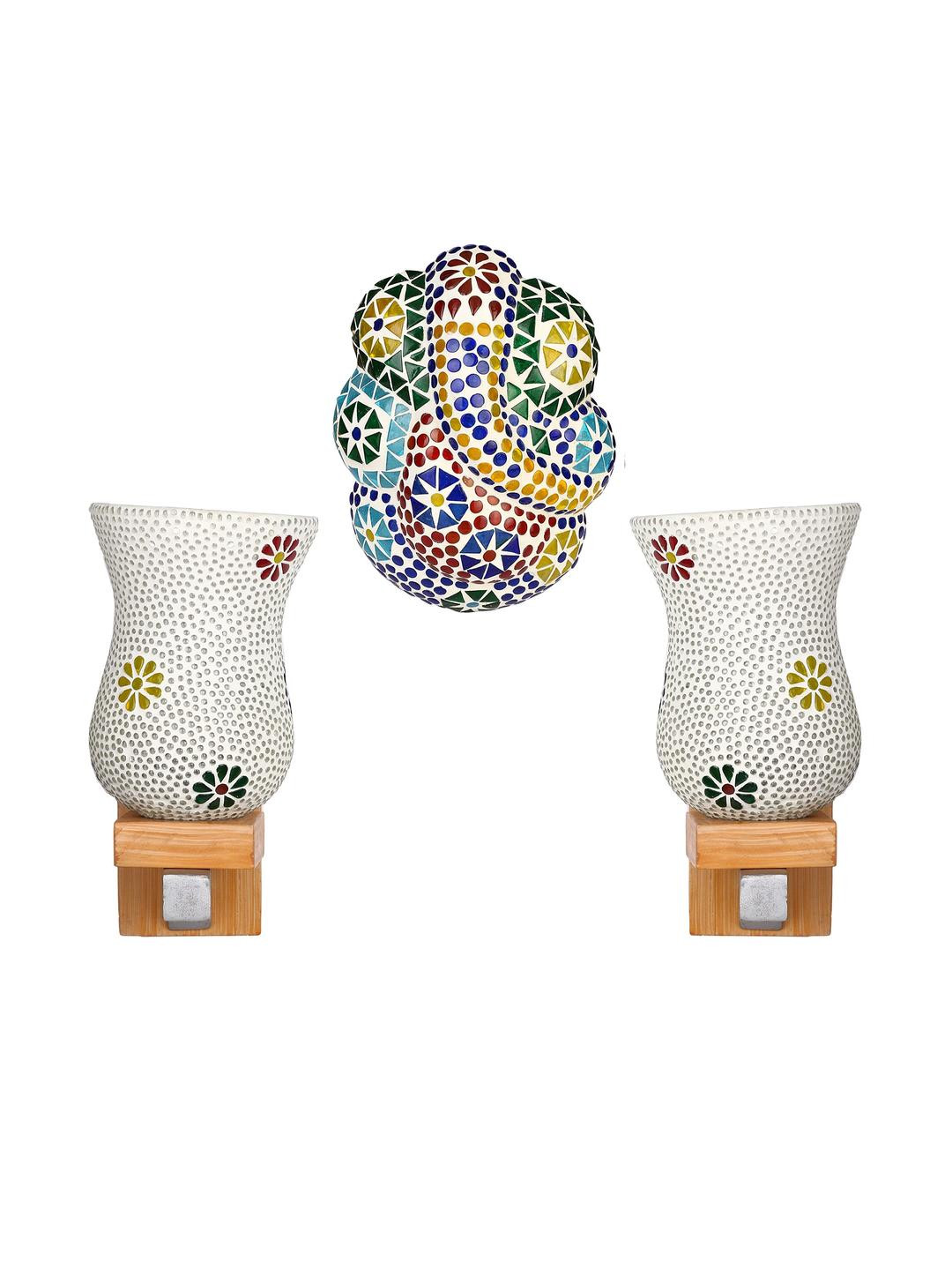 Somil Indore Mosaic Decorative Lamp Combo of Matching Wall Lamp & Blessing God Ganesh Wall Lamp, Multi Compatible with LED, Size: 12 X 12 X 22 Cm, Pack of 3.