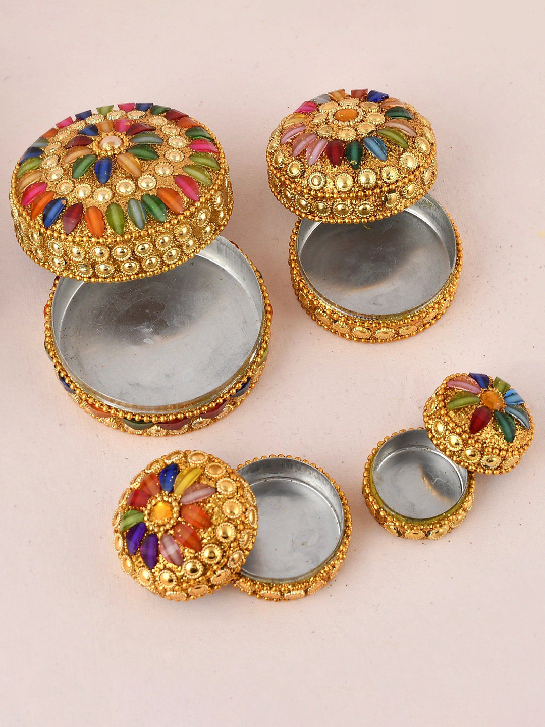 CRAFTAM Gold Toned & Blue 4 Pieces Decorative Jewellery Dibbi Vanity Boxes