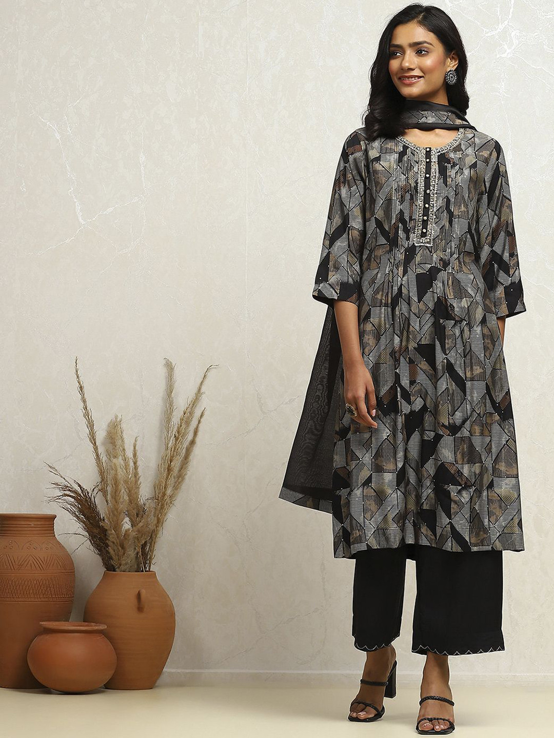 Biba Geometric Printed Round Neck Kurta Witth Palazzos & Dupatta