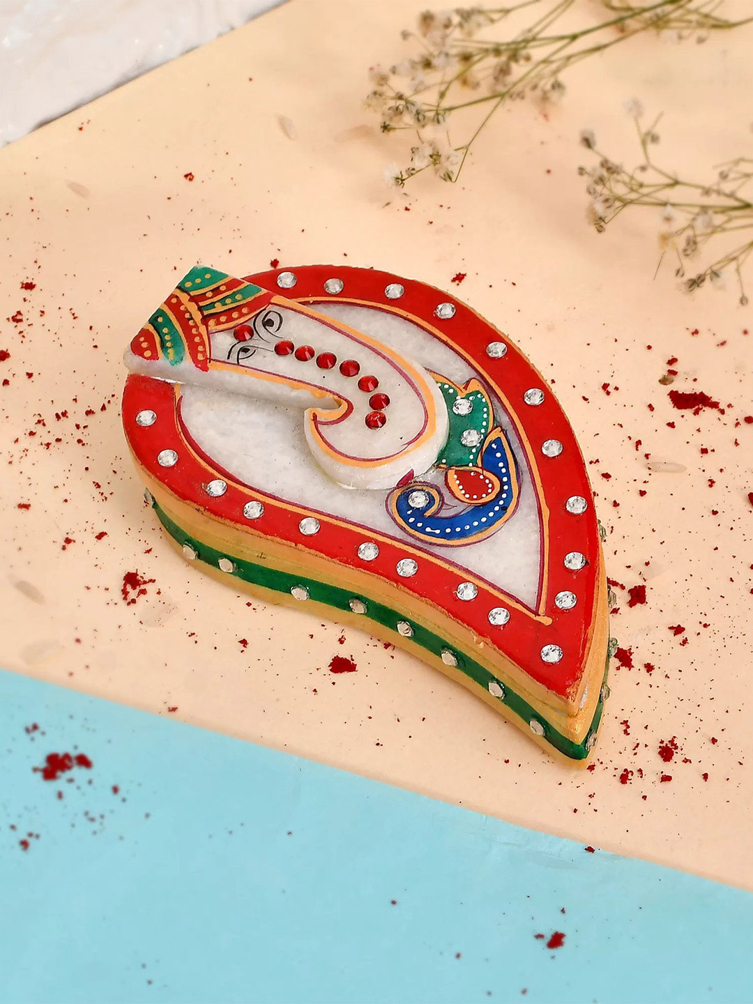 CRAFTAM White & Red Marble Ganesha Shape Rajasthani Handicrafts Haldi Kumkum Box