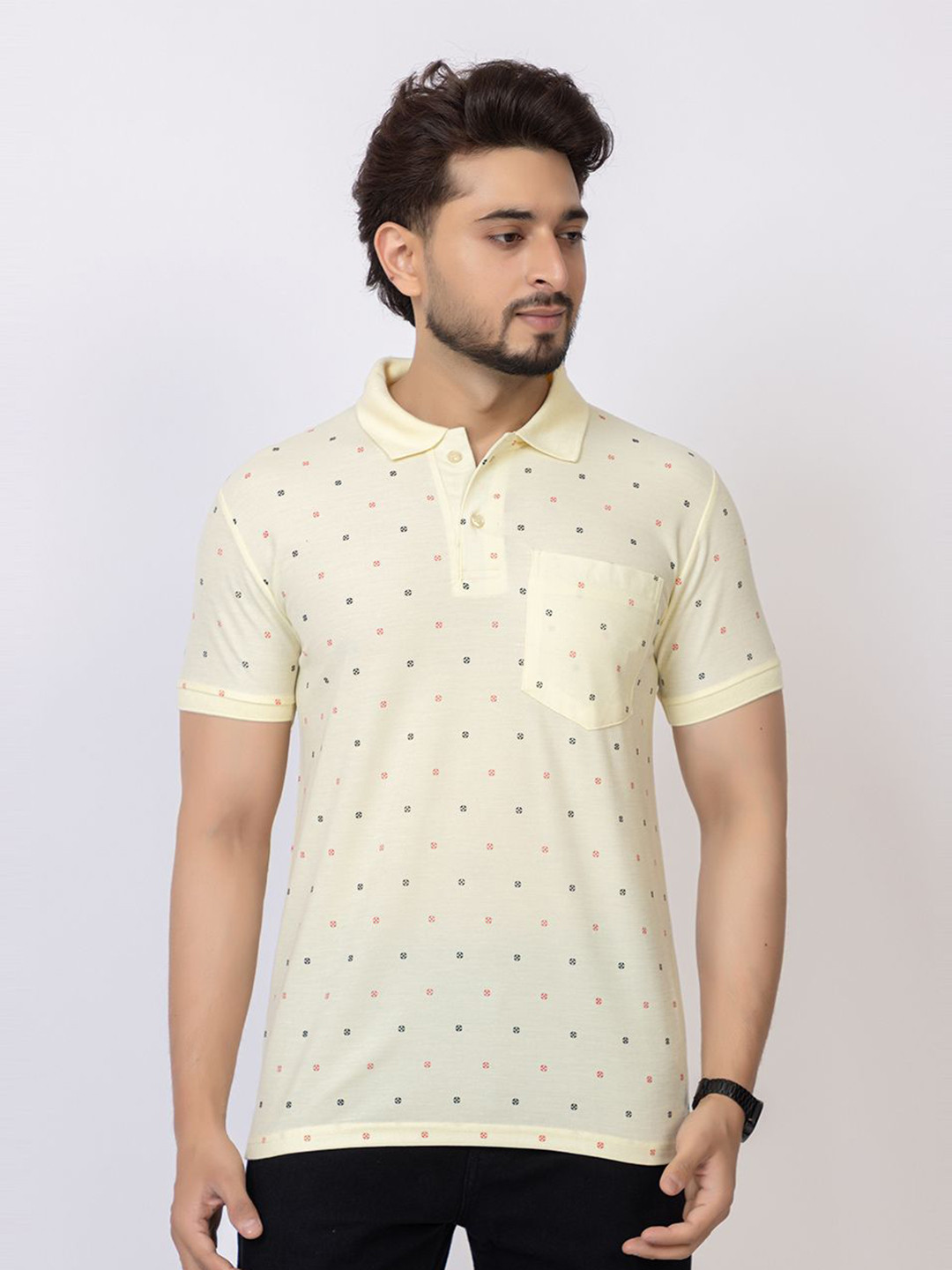 GEE 5 Polka Dot Printed Polo Collar Short Sleeves Cotton T-Shirt