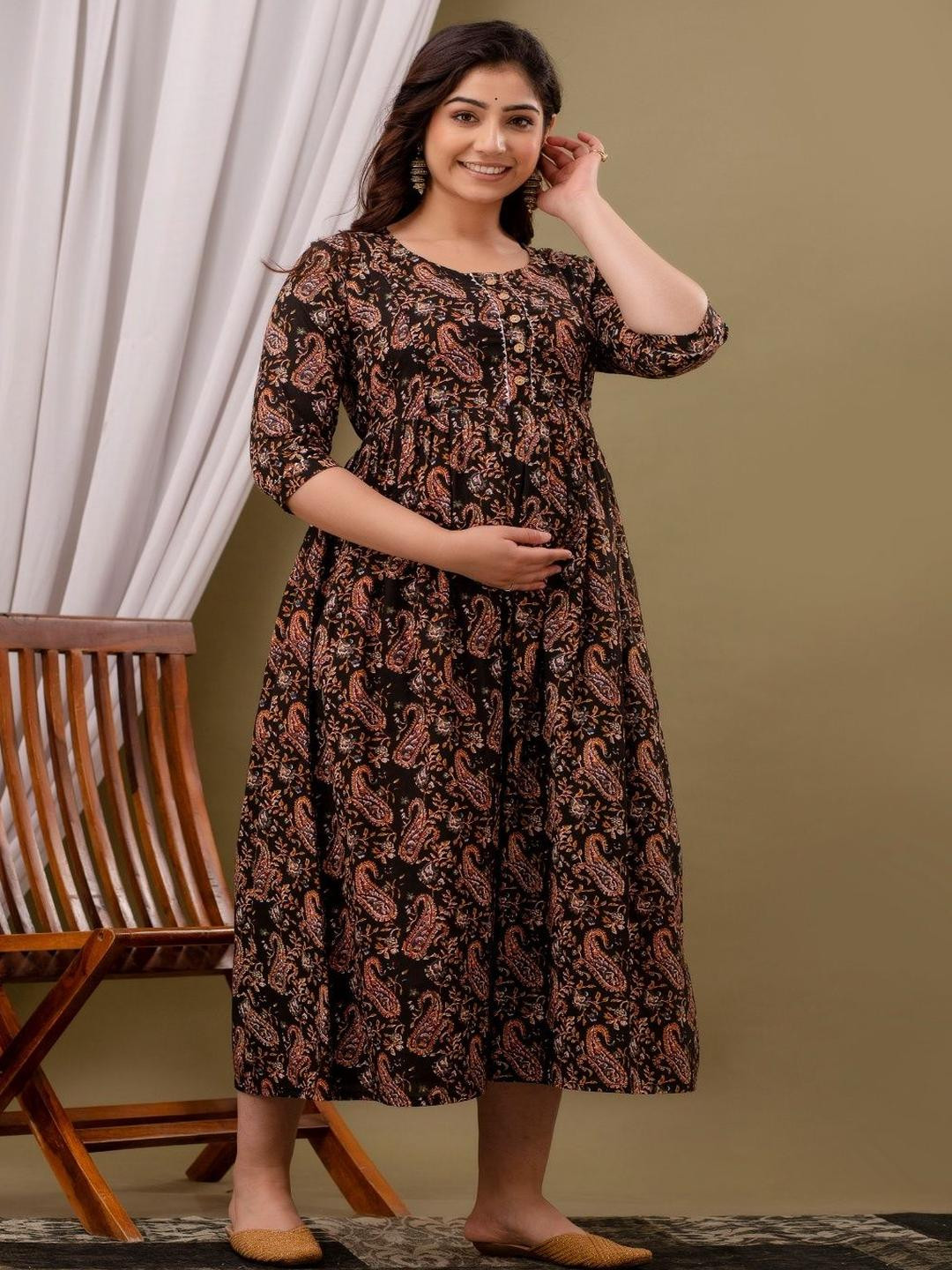 FASHDHUN Women Paisley Printed Maternity Cotton A-Line Kurta