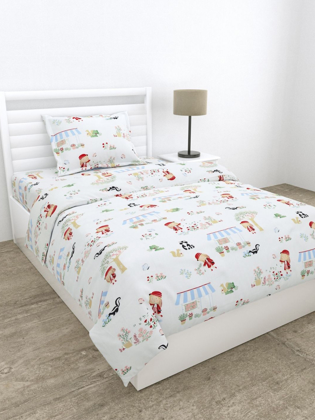 haus & kinder Scarlet White Printed Cotton 210 TC Single Bedsheet Set-2.24 mx1.45 m